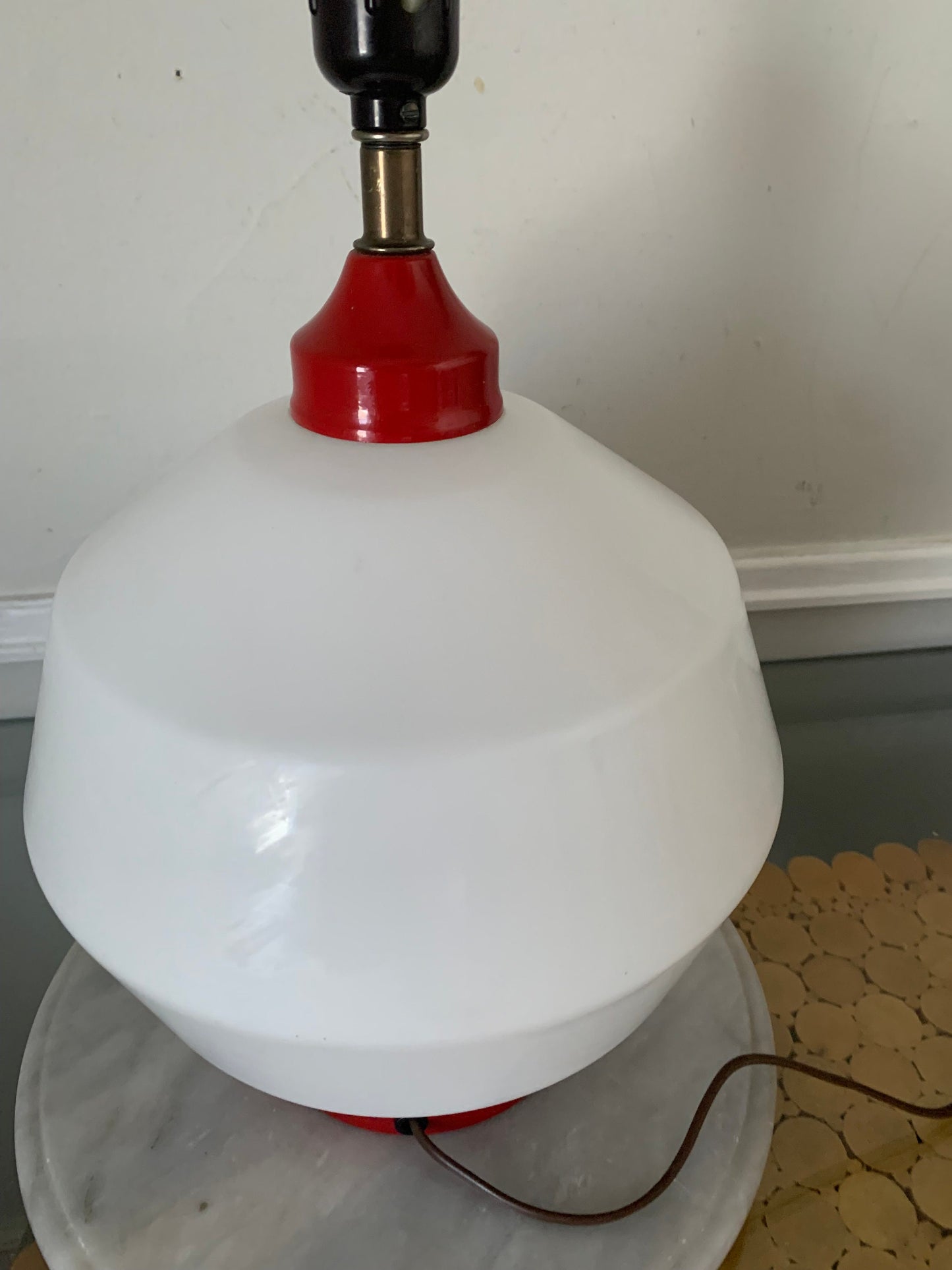 Vintage Medium White Glass Ball Lamp with Red Base No Shade