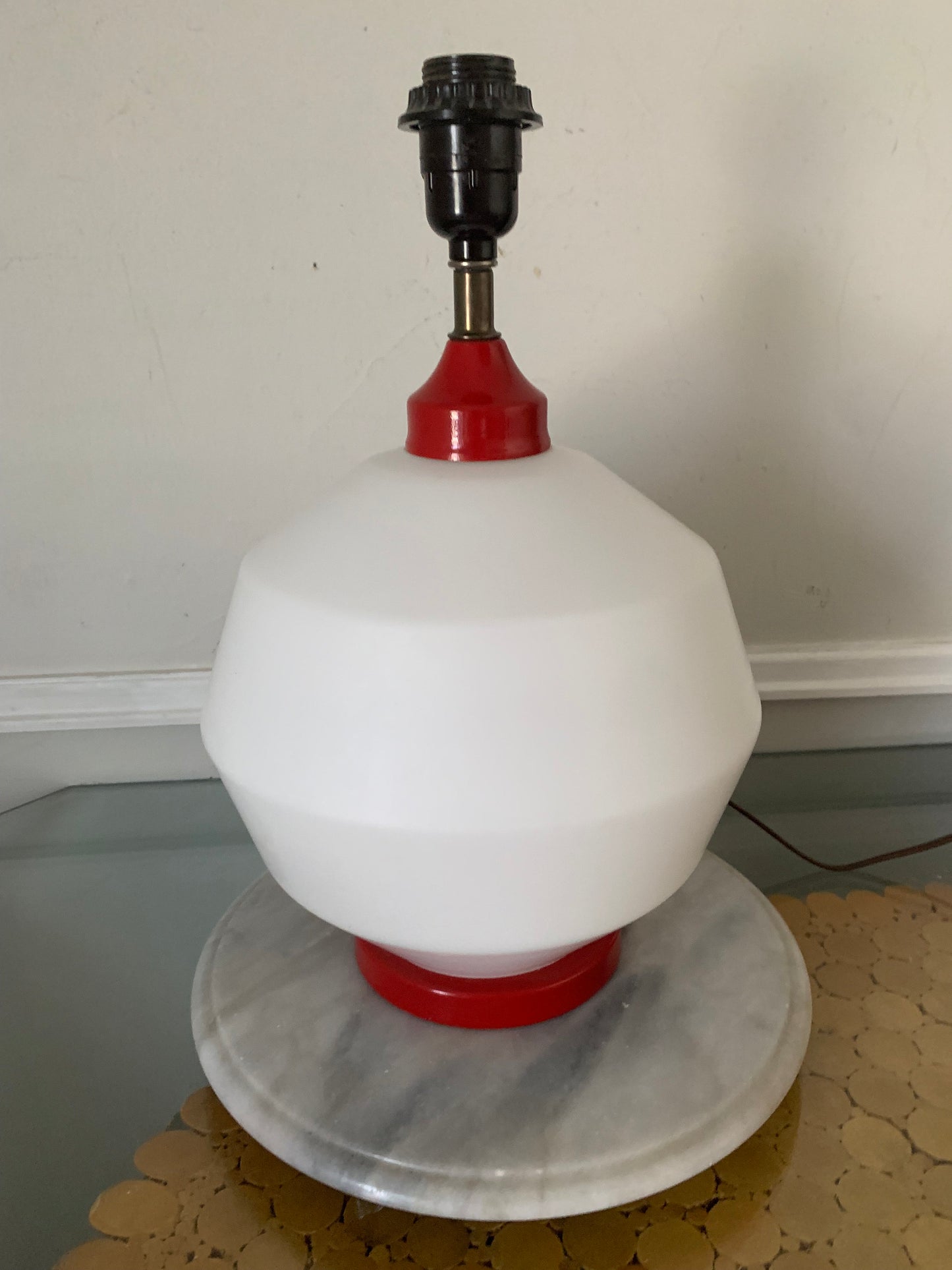 Vintage Medium White Glass Ball Lamp with Red Base No Shade