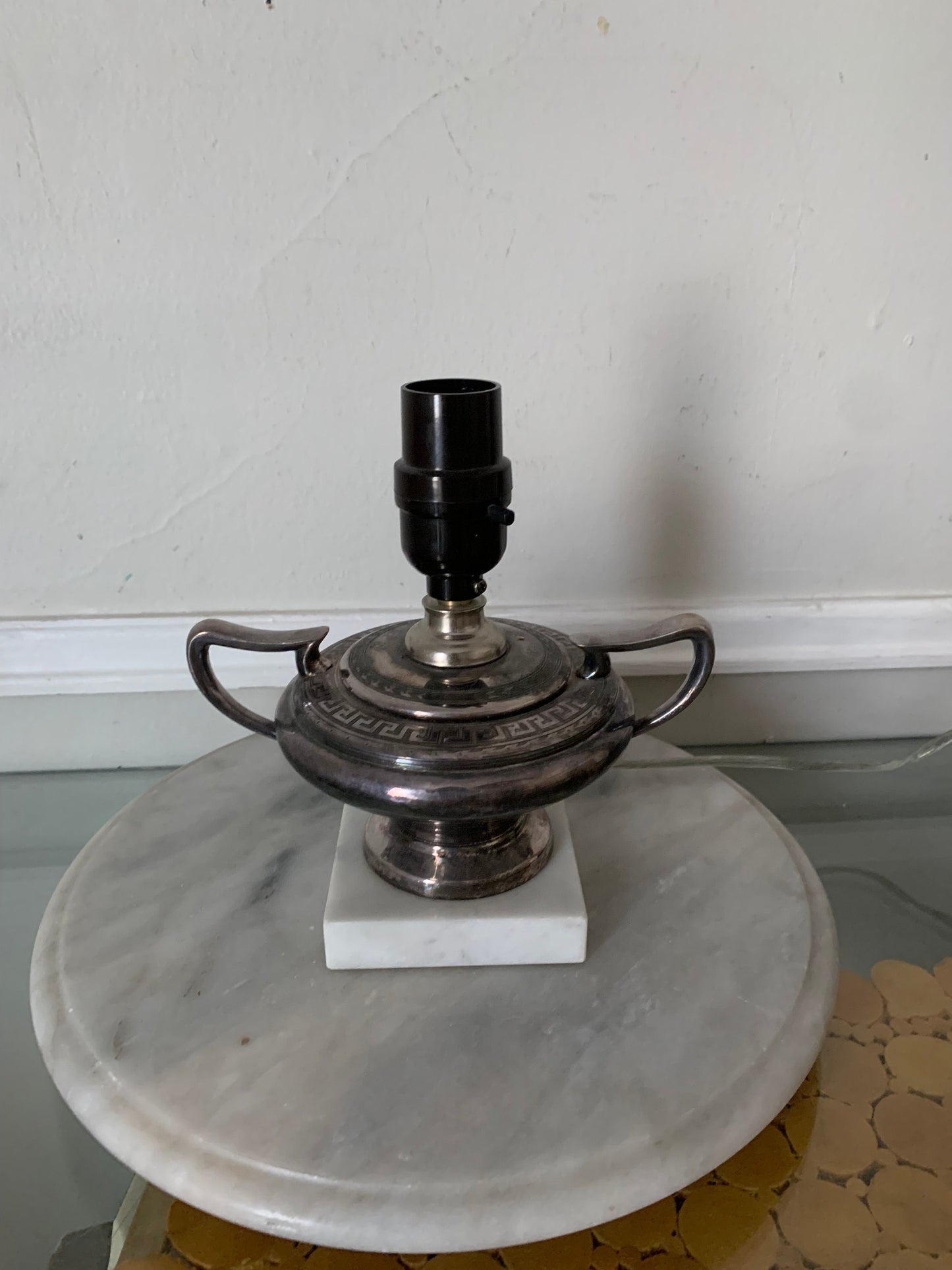 Small Vintage Silver Table Lamp with Stone Base No Shade