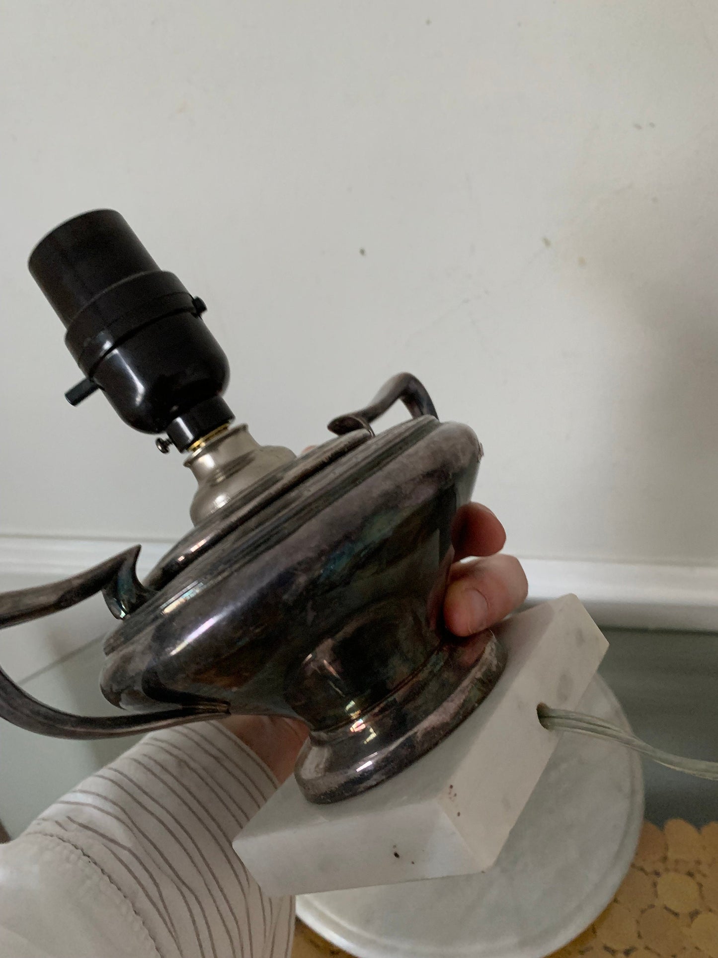 Small Vintage Silver Table Lamp with Stone Base No Shade