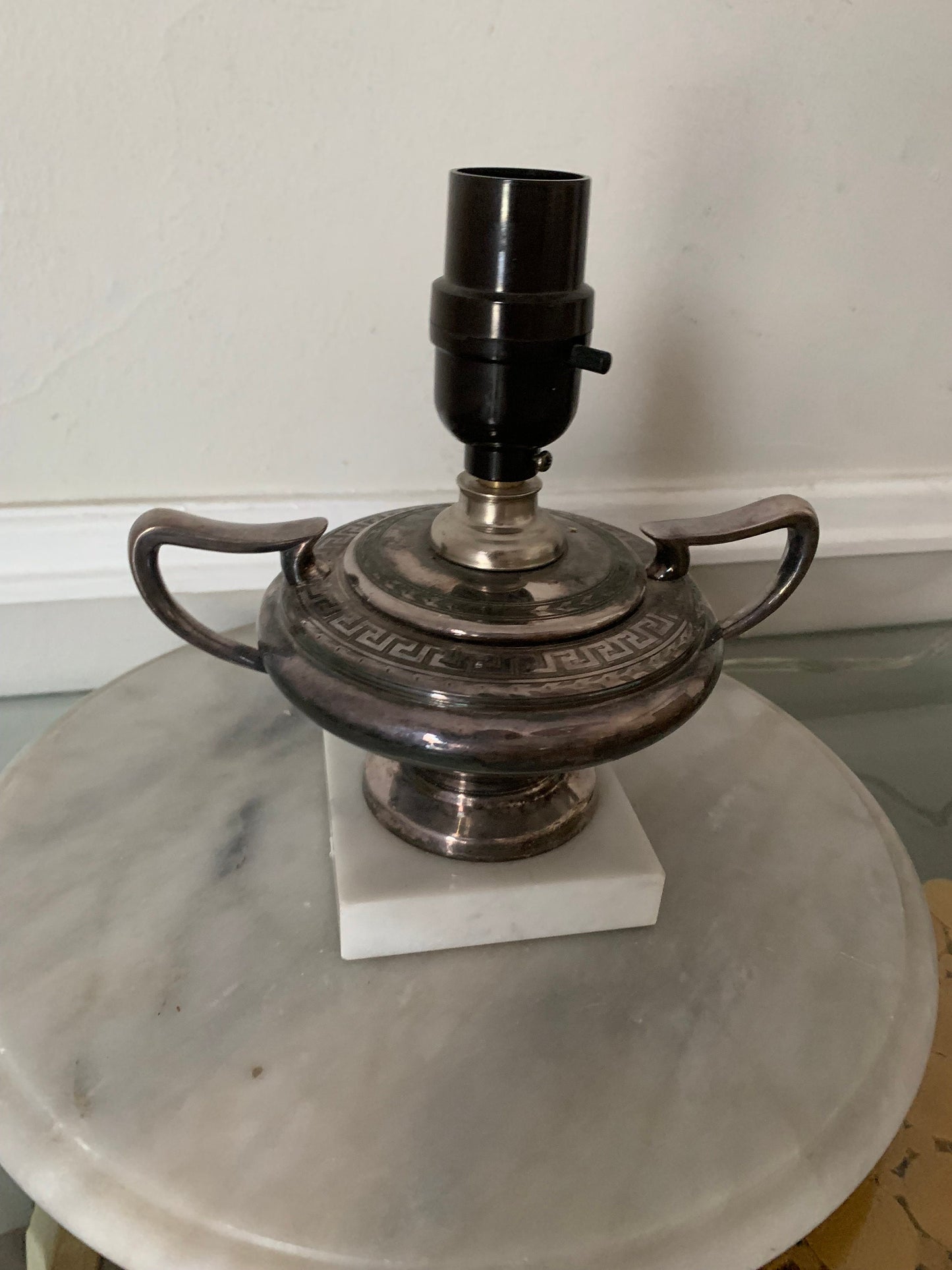 Small Vintage Silver Table Lamp with Stone Base No Shade
