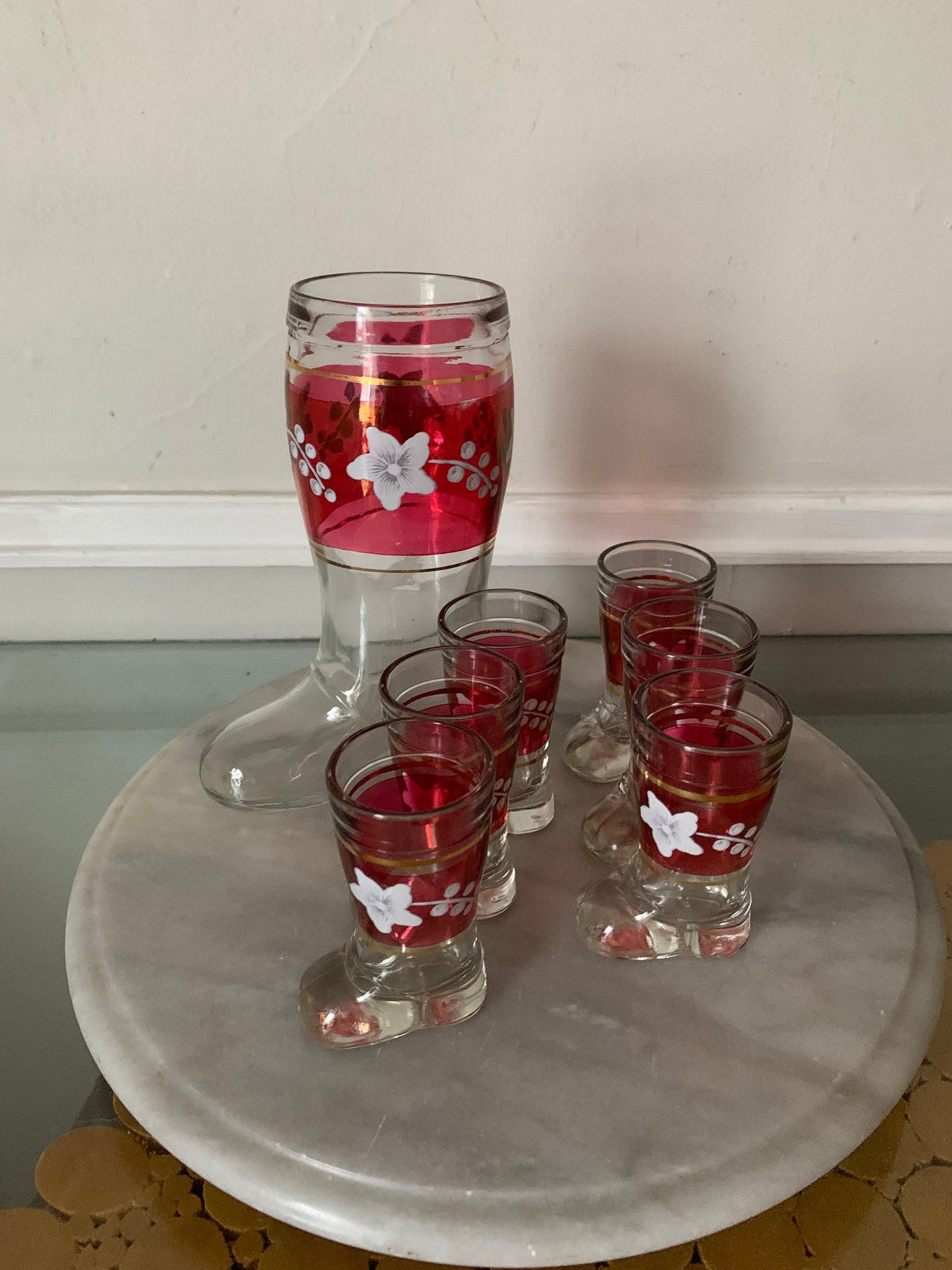 Vintage Glass Boot MOD DEP 7 Piece Ruby Flash Decanter and  Shot Glasses Set with White Flowers Made in Italy