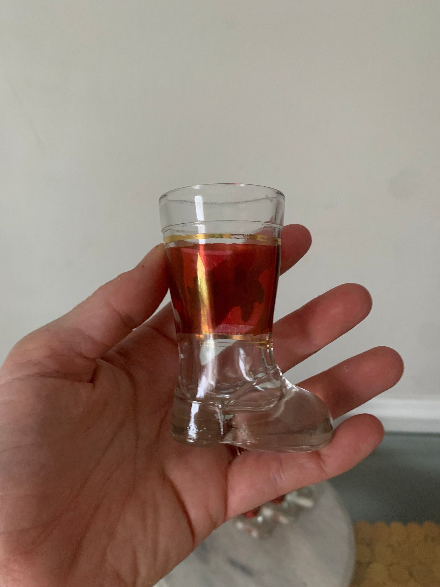Vintage Glass Boot MOD DEP 7 Piece Ruby Flash Decanter and  Shot Glasses Set with White Flowers Made in Italy