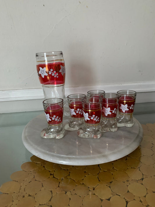 Vintage Glass Boot MOD DEP 7 Piece Ruby Flash Decanter and  Shot Glasses Set with White Flowers Made in Italy