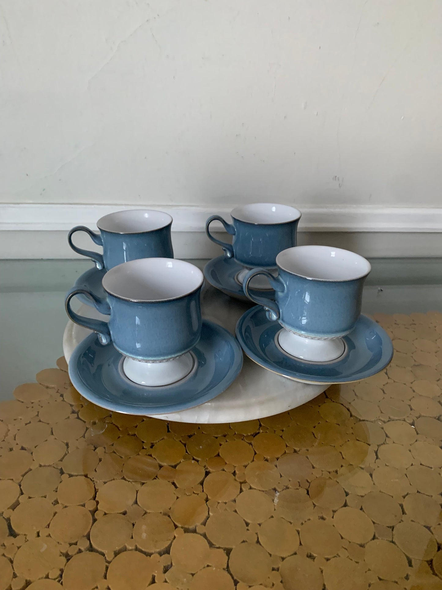 Retro Set of 4 Denby Castile Blue Pedestal Coffee Mugs and Saucer Set Made in England 2 Sets Available