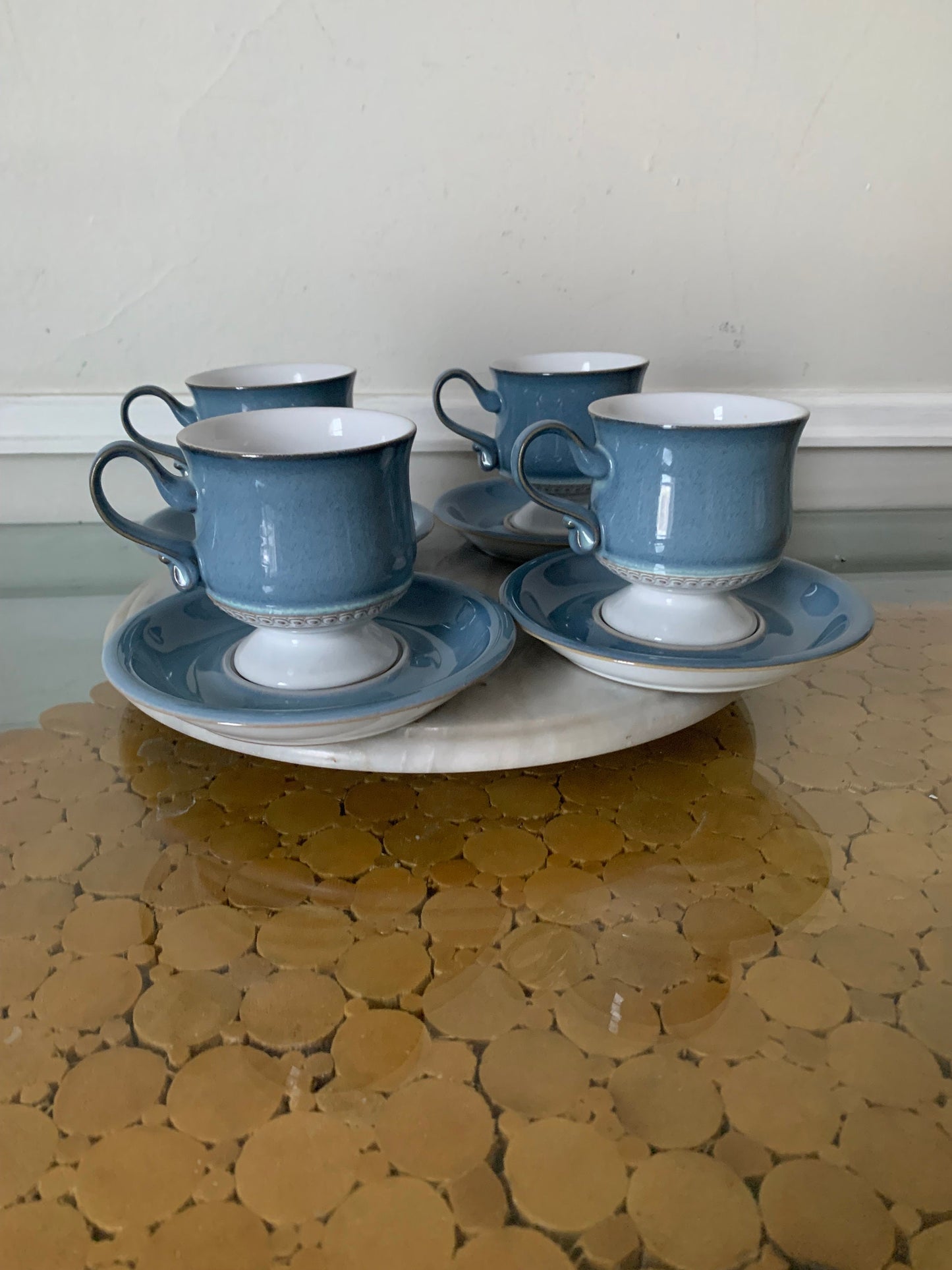 Retro Set of 4 Denby Castile Blue Pedestal Coffee Mugs and Saucer Set Made in England 2 Sets Available