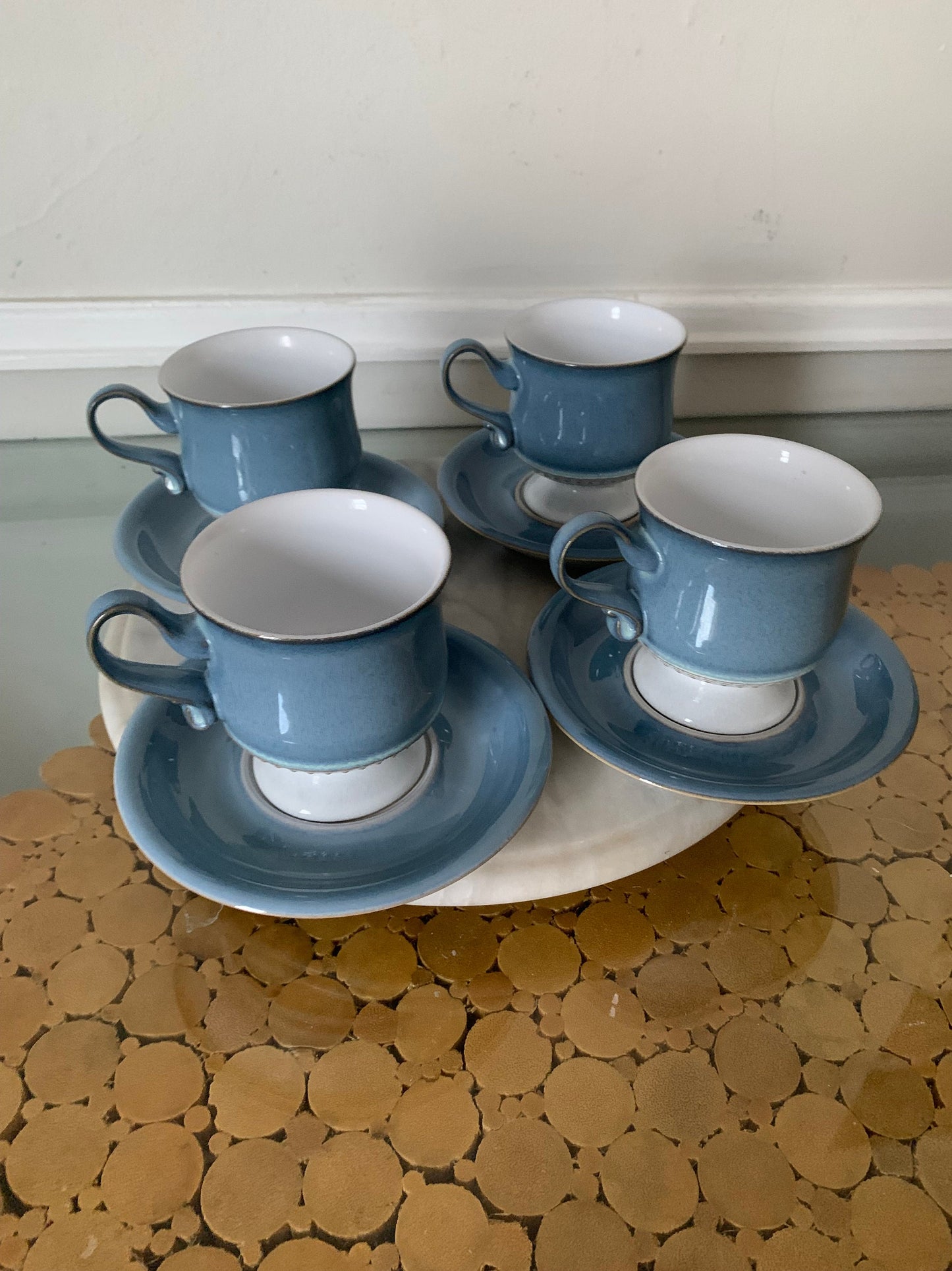 Retro Set of 4 Denby Castile Blue Pedestal Coffee Mugs and Saucer Set Made in England 2 Sets Available