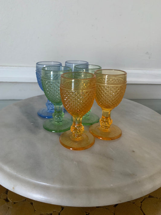 MCM Set of 6 MCM Blue Yellow and Green Pressed Glass Liqueur Glasses