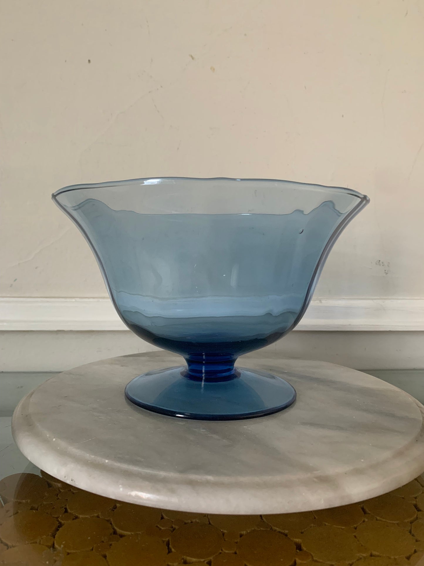 Vintage Clear Deep Blue Pedestal Glass Bowl