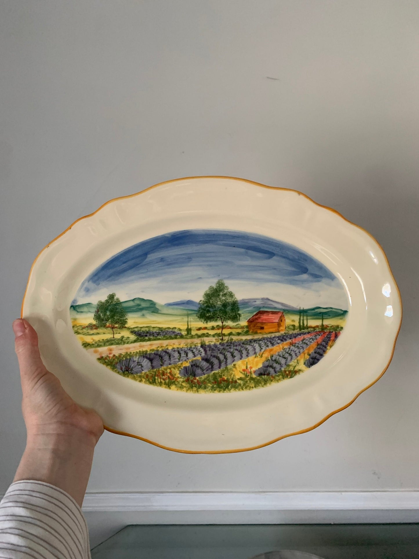 Beautiful Atelier du Sage 5.5” square ceramic coin dish trinket dish depicting olive field with lilacs. Made in France. Glossy finish.