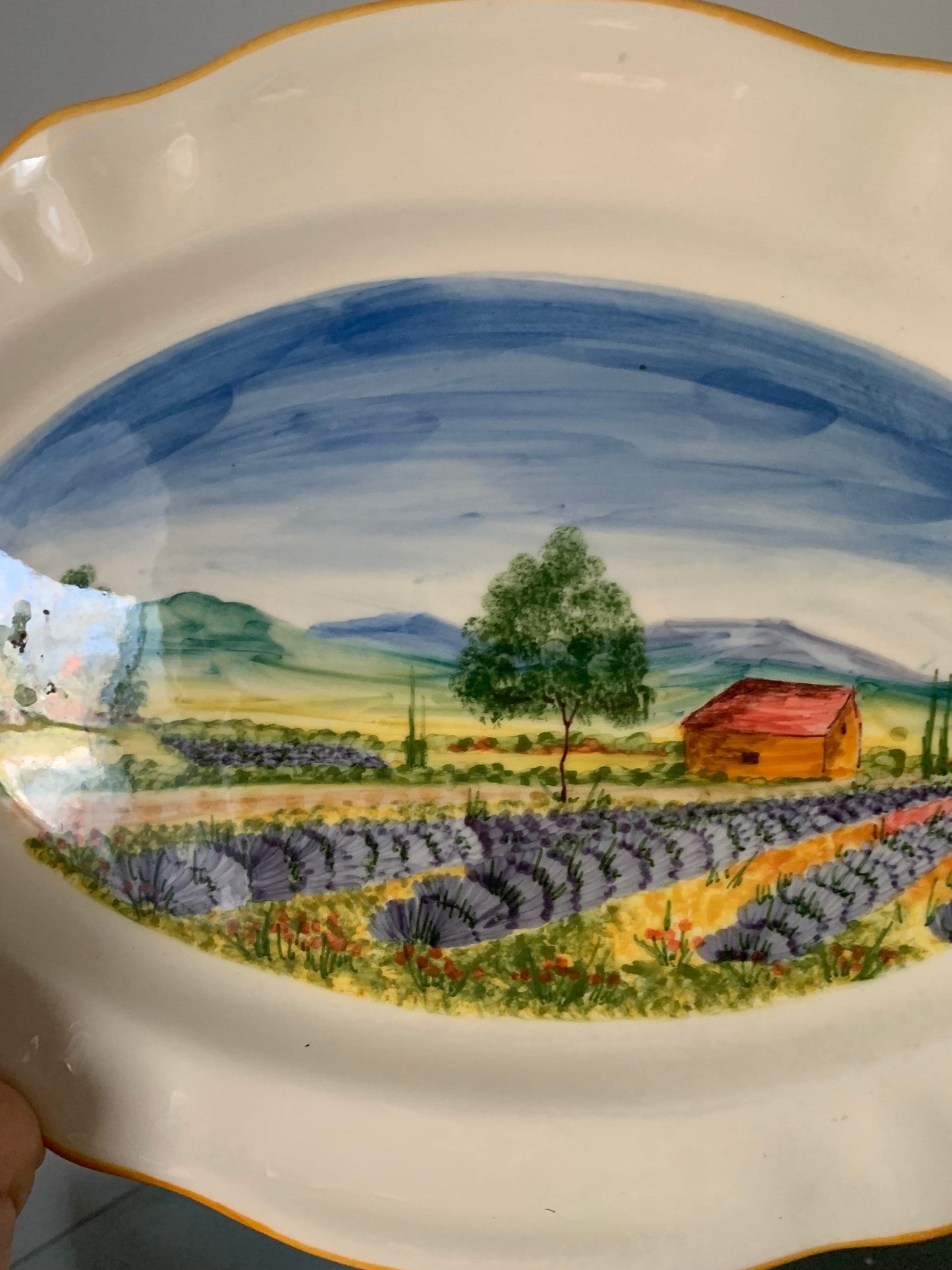 Beautiful Atelier du Sage 5.5” square ceramic coin dish trinket dish depicting olive field with lilacs. Made in France. Glossy finish.