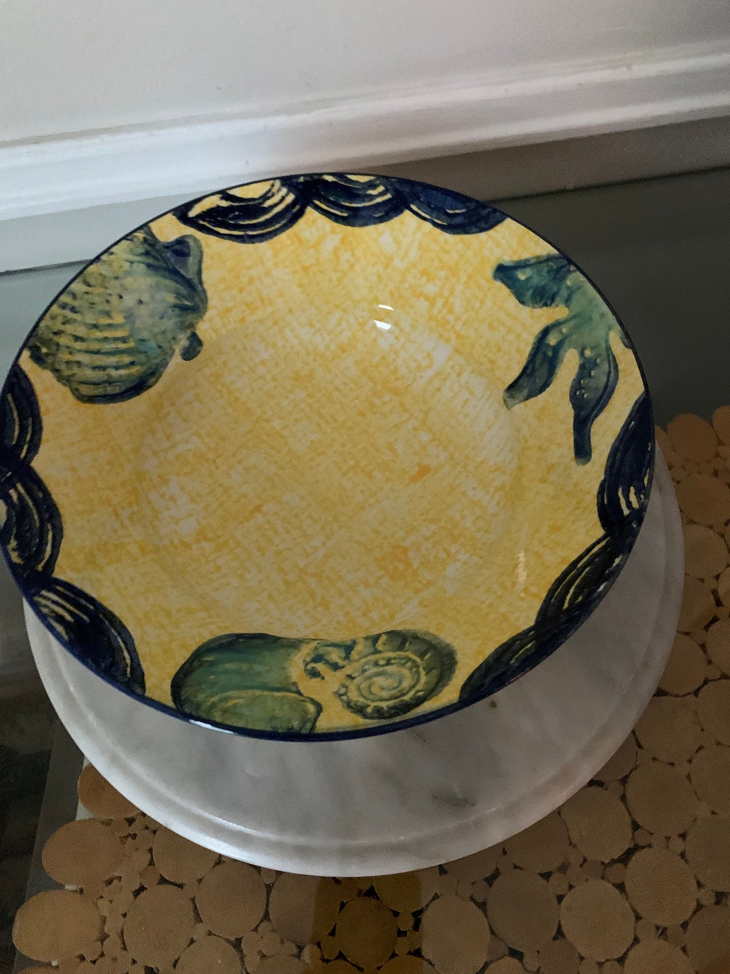 Handmade Yellow and Blue Shell Motif Ceramic Bowl Made in Italy