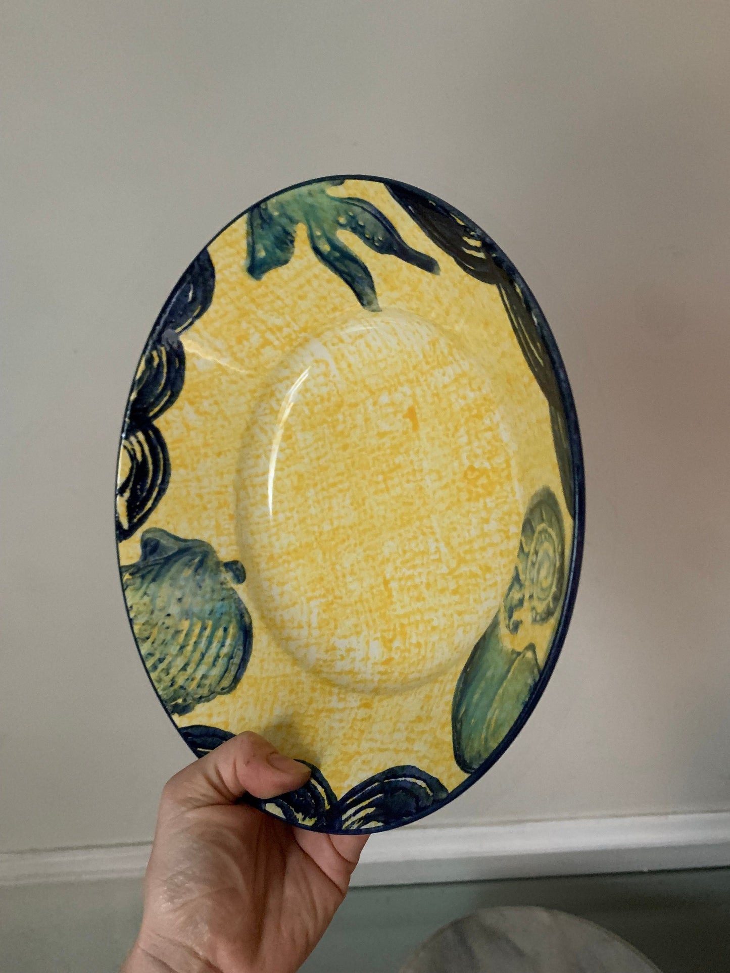 Handmade Yellow and Blue Shell Motif Ceramic Bowl Made in Italy
