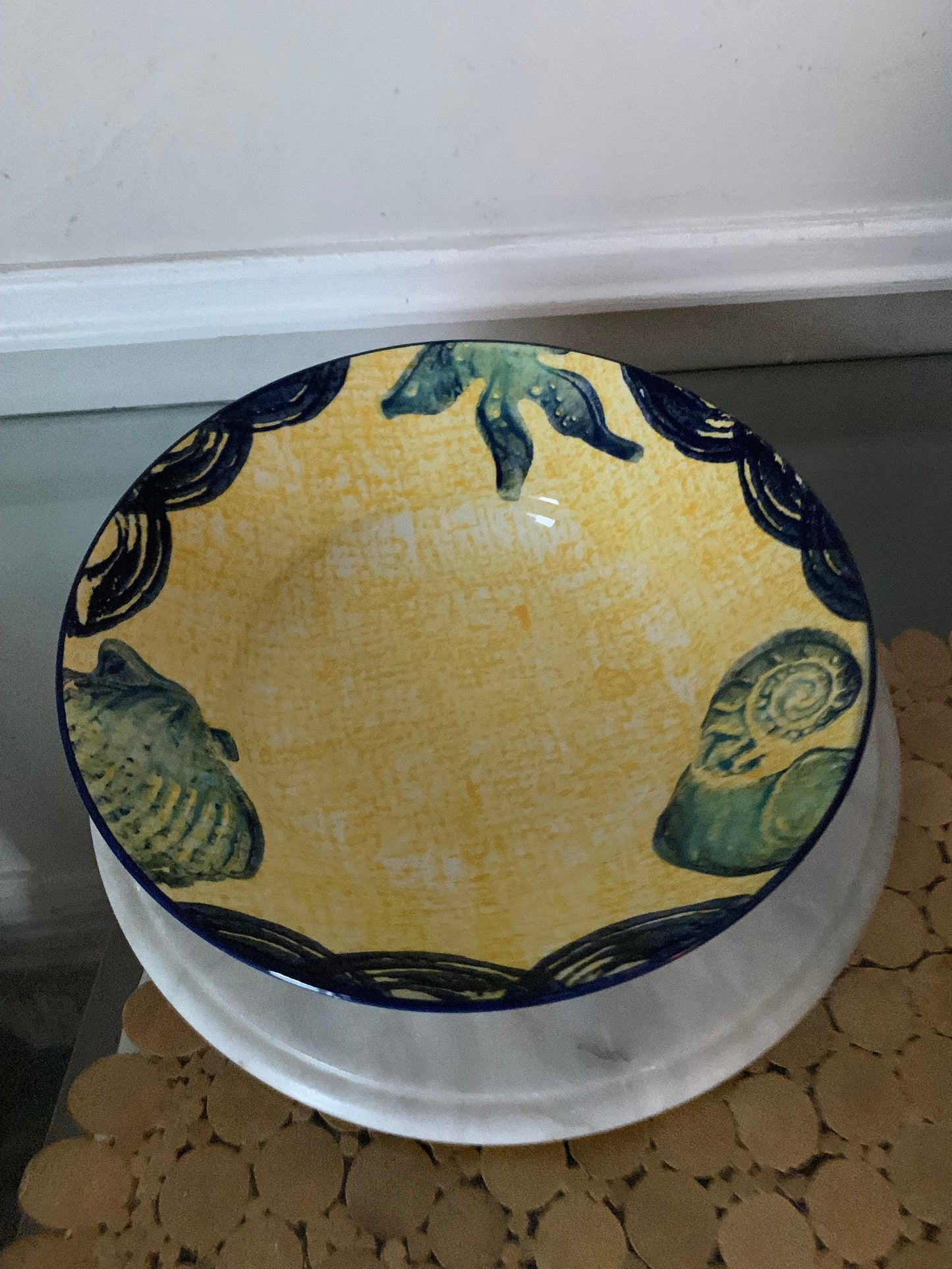 Handmade Yellow and Blue Shell Motif Ceramic Bowl Made in Italy