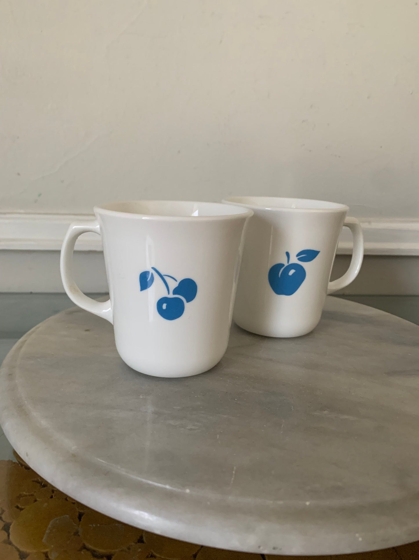 Retro Pair of Eve Blue Apple and Cherry Corning Mugs Made in USA