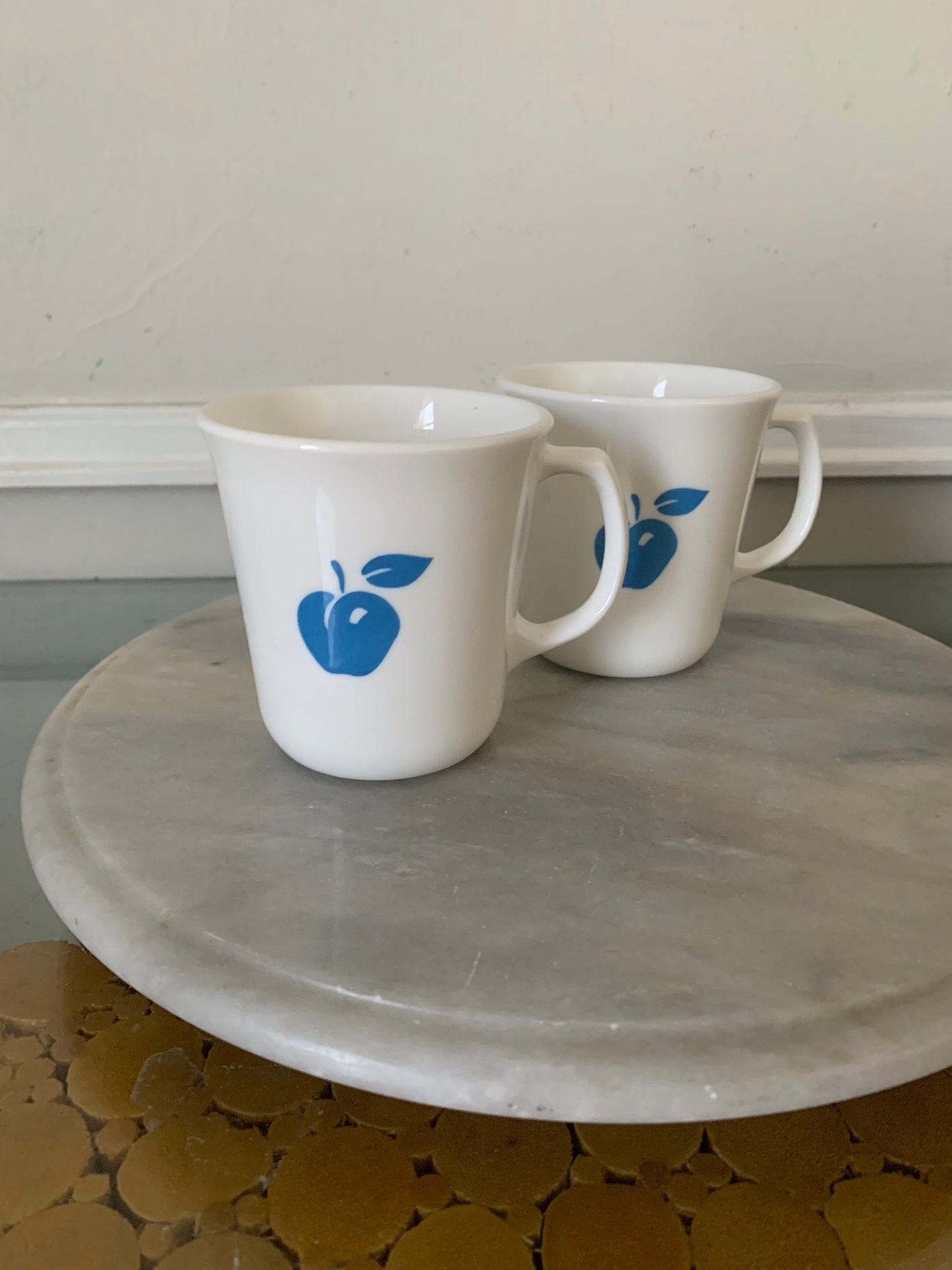 Retro Pair of Eve Blue Apple and Cherry Corning Mugs Made in USA