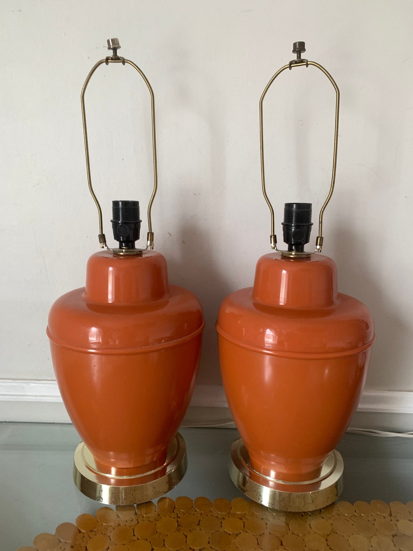 Pair Of MCM GILBERT SOFTLITE Burnt Orange Acrylic Lamps No Shades