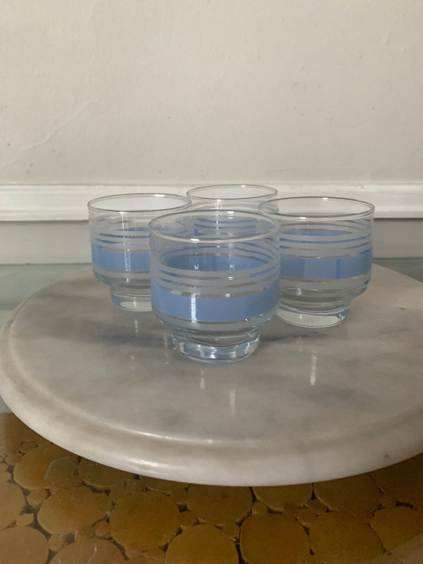 Vintage  Set of 4 Short Blue Stripe Libbey Juice Glasses