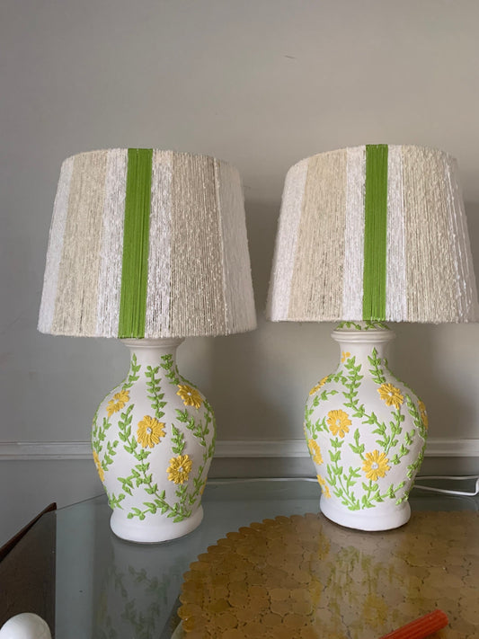 Pair of MCM INspired Fibre Art White Lampshades with Green Stripe