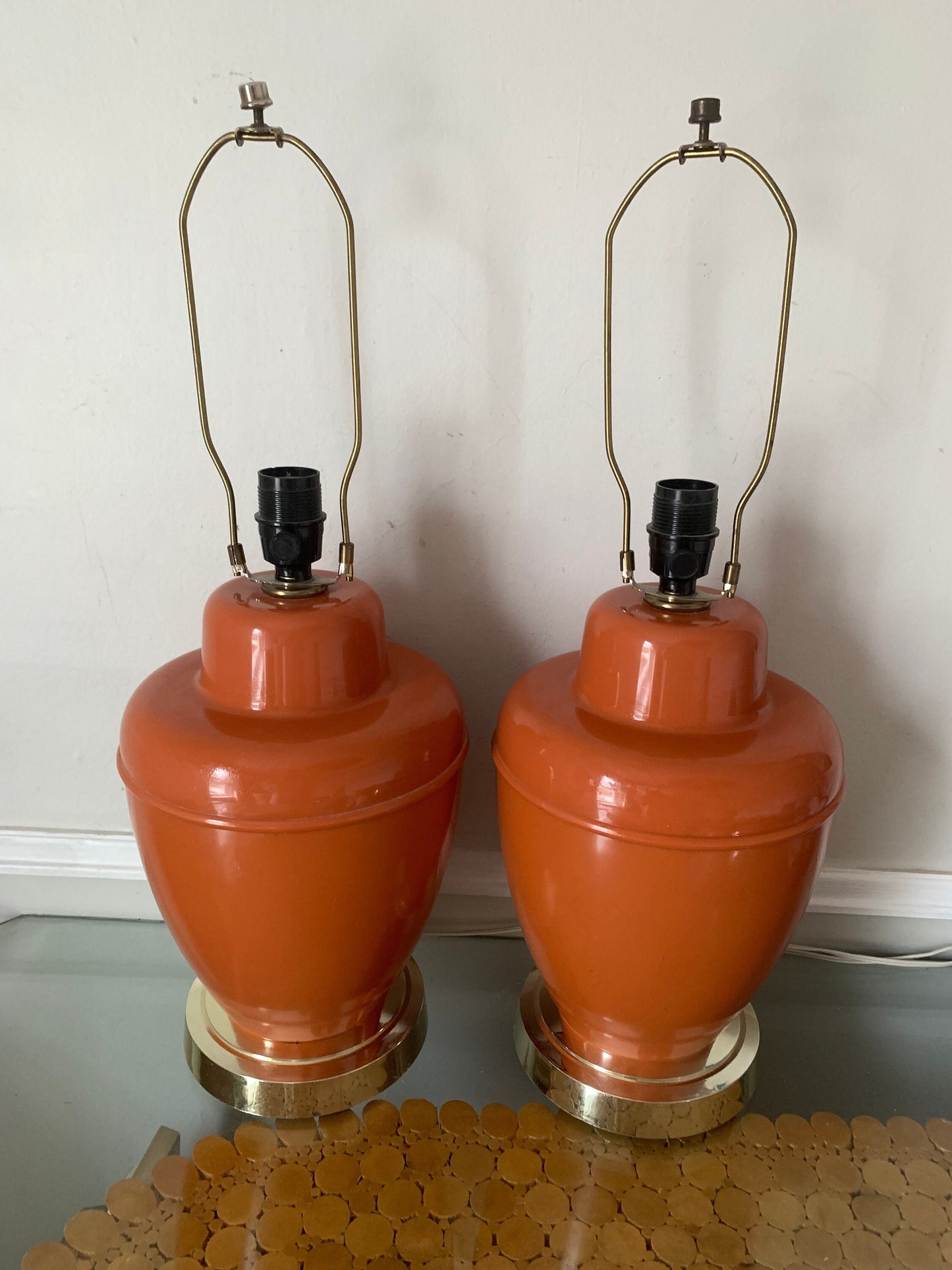 Pair Of MCM GILBERT SOFTLITE Burnt Orange Acrylic Lamps No Shades