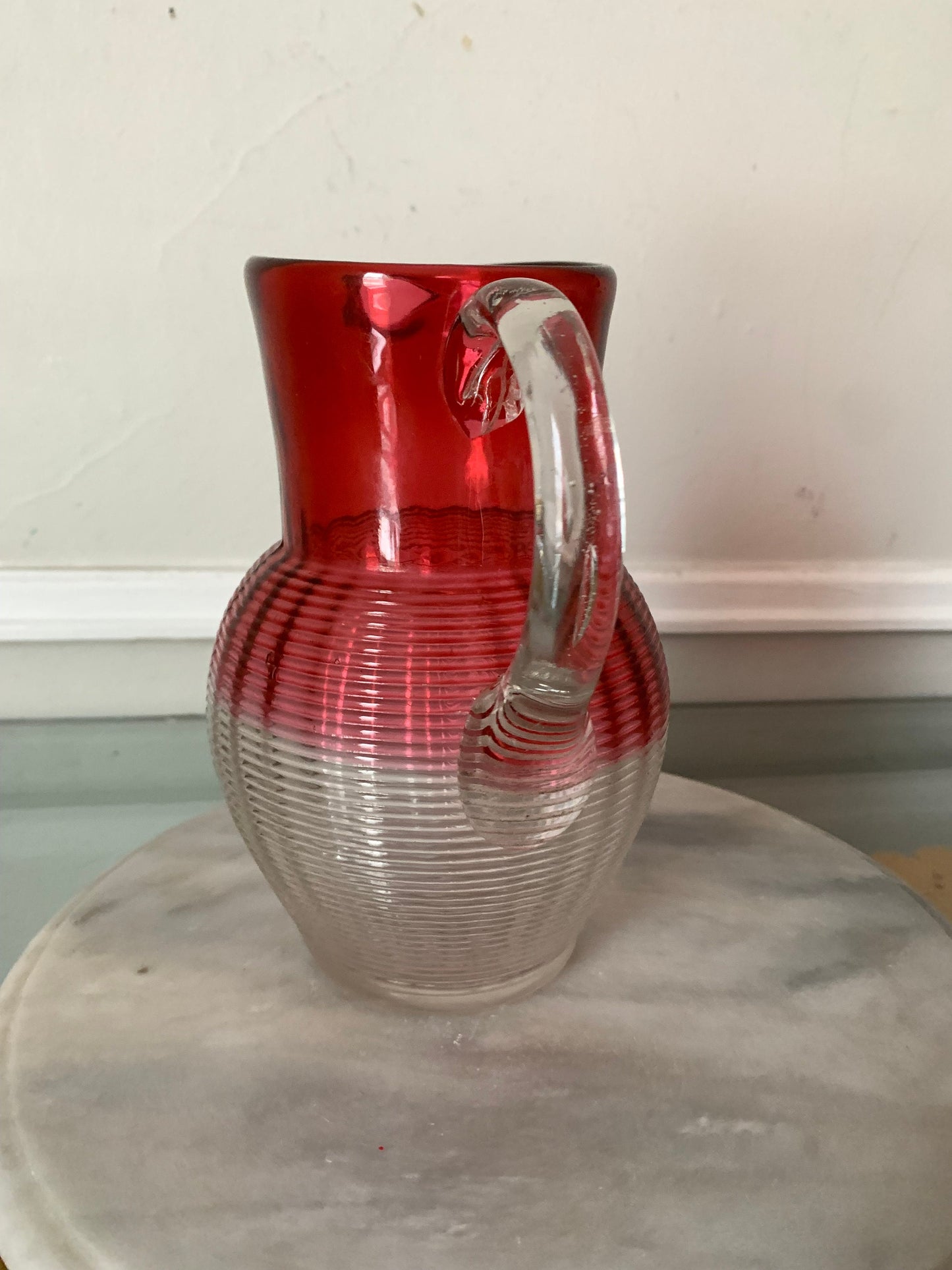 Vintage  Cranberry Glass Water Pitcher with Clear Horizontal Ribs