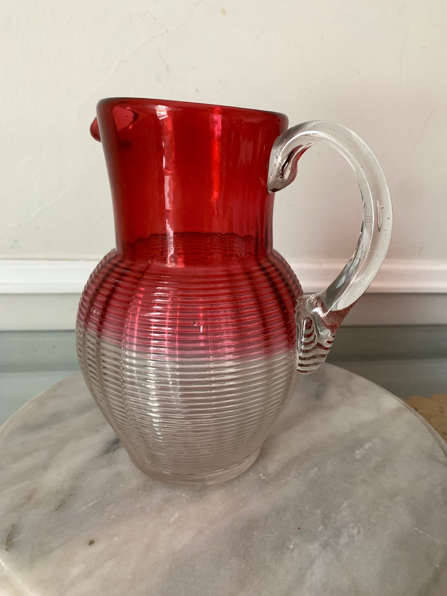 Vintage  Cranberry Glass Water Pitcher with Clear Horizontal Ribs