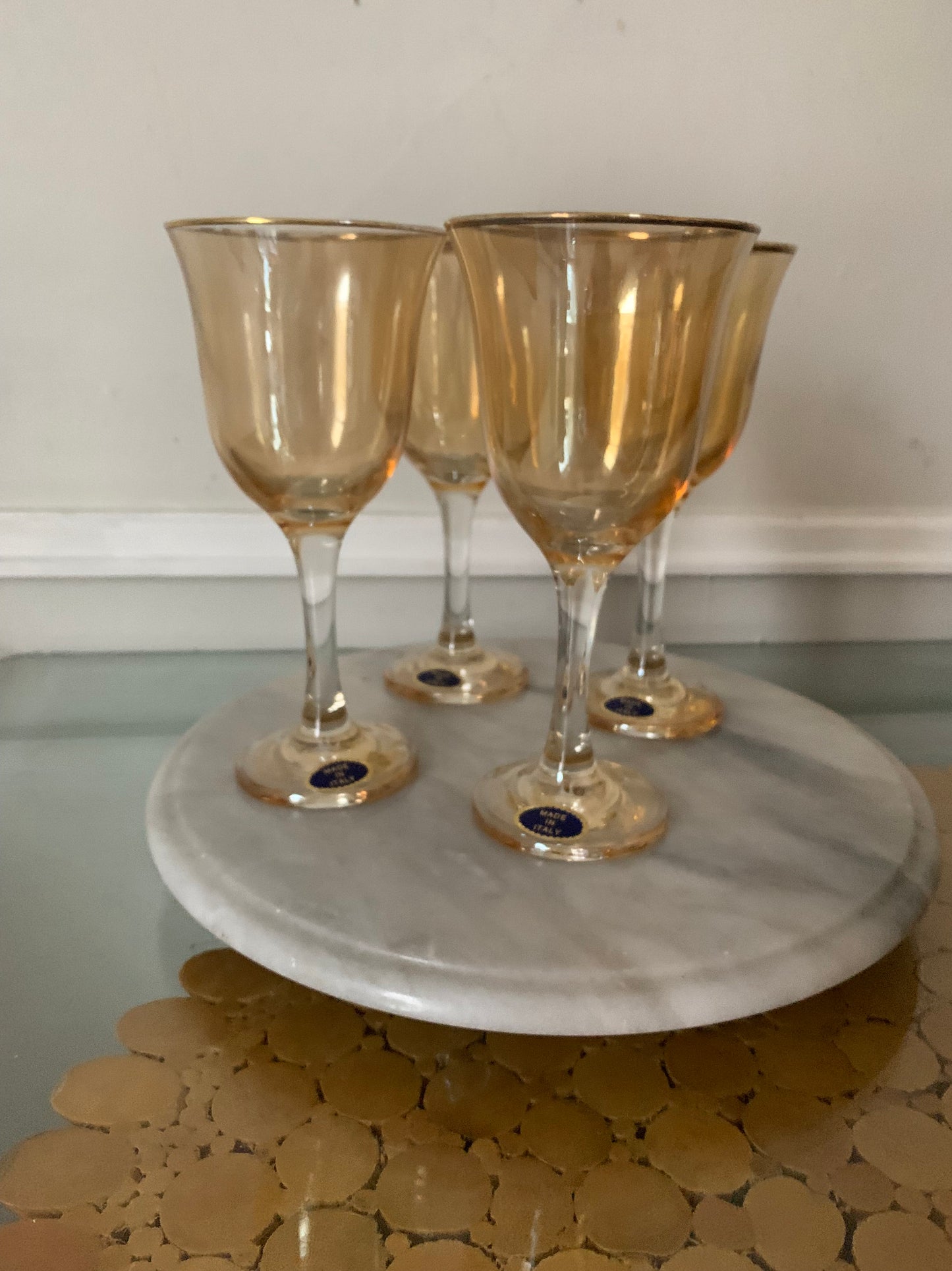 Vintage Set of 4 Golden Peach Lustre Wine Glasses Made in Italy