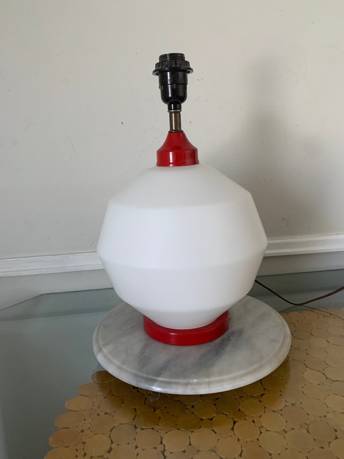 Vintage Medium White Glass Ball Lamp with Red Base No Shade