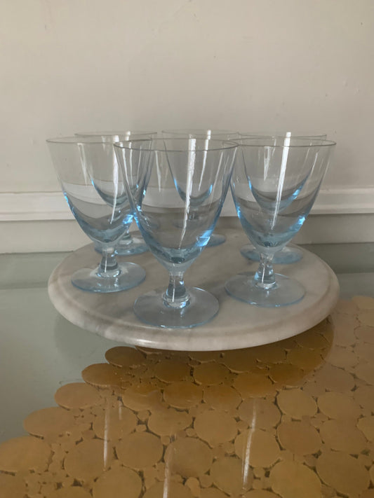 Vintage Set of 6 Ice Blue Short Wine Glasses