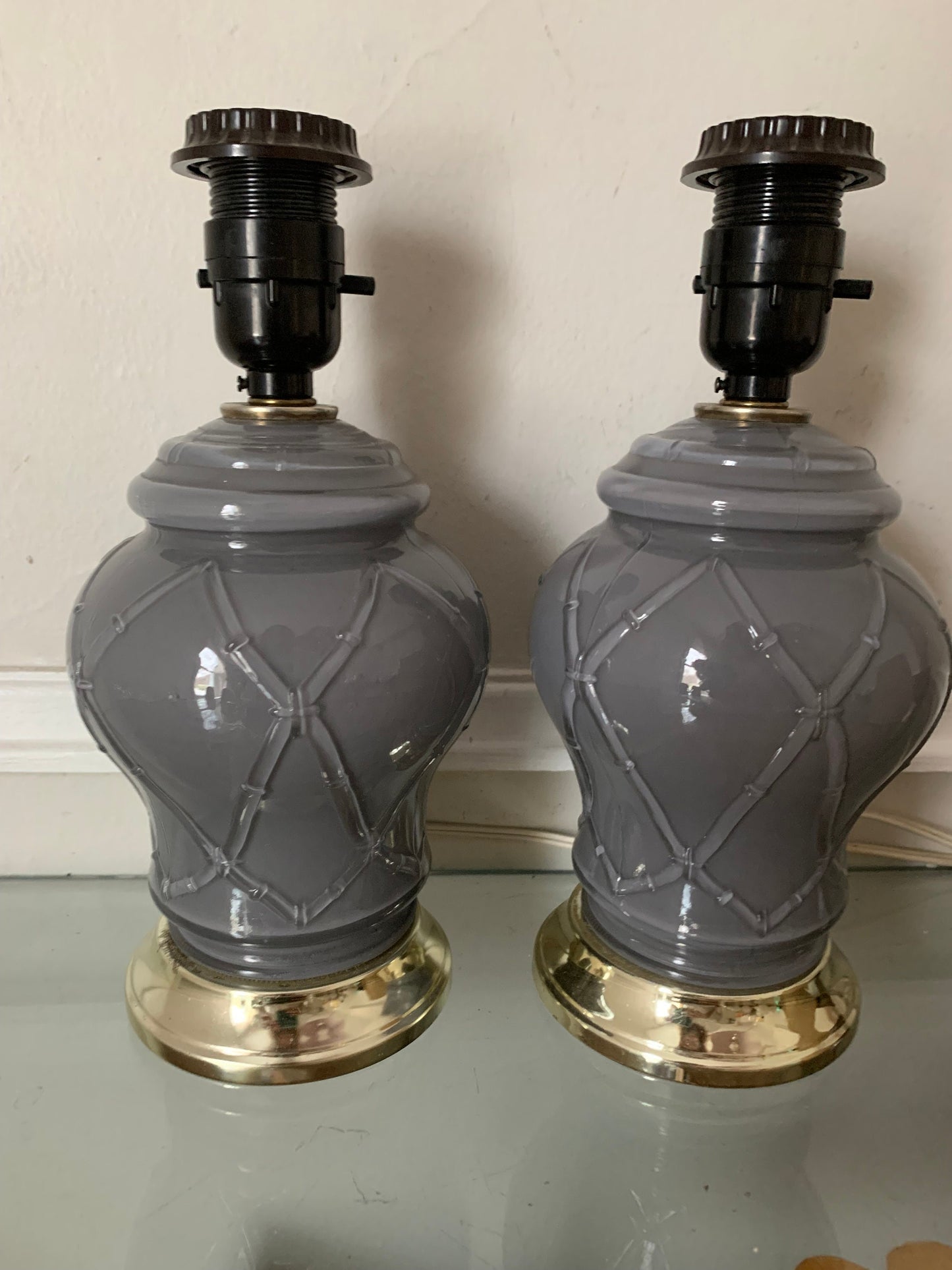 Pair of Small Retro Gray Glass Table Lamps with Bamboo Design No Shades