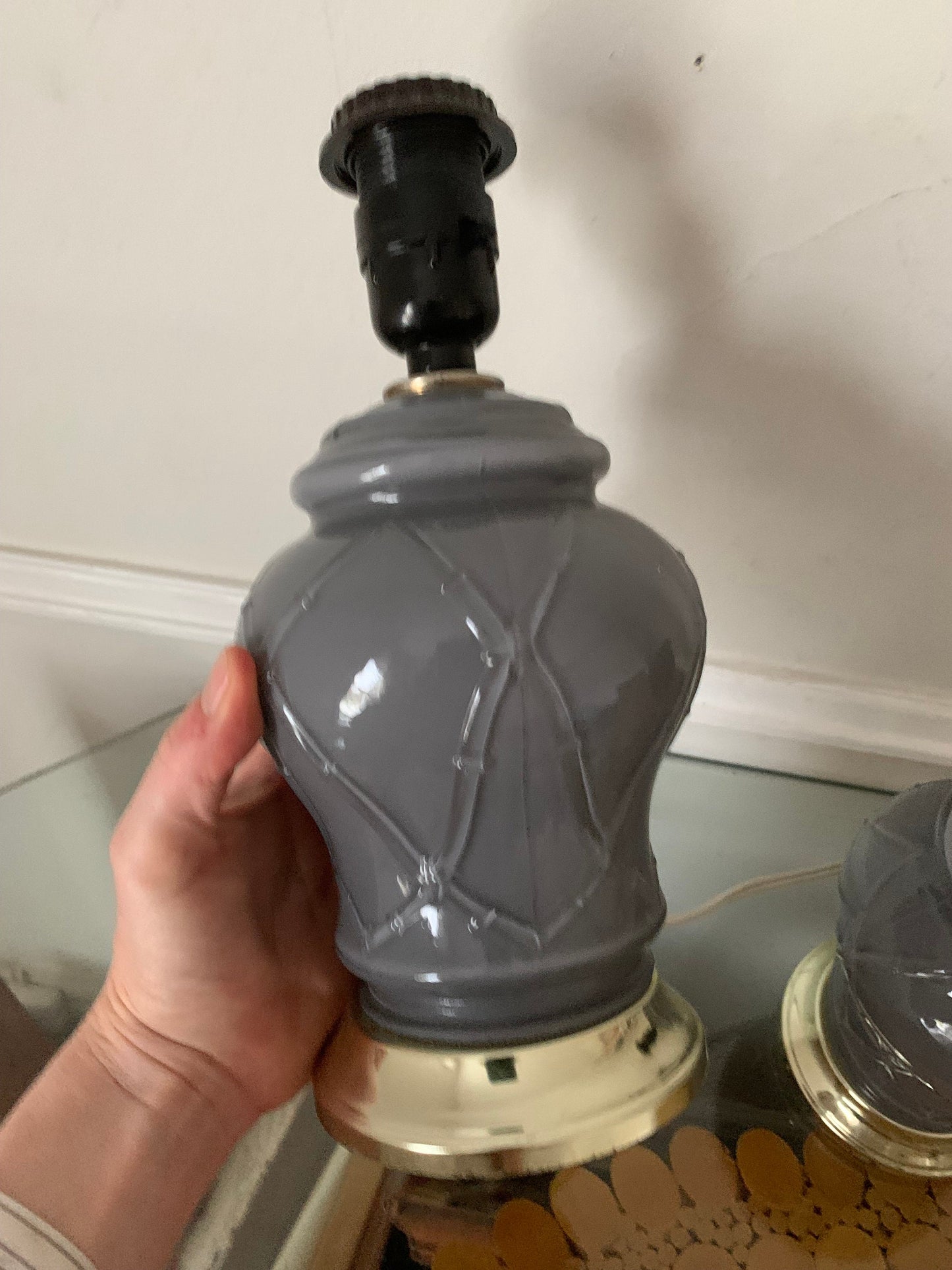 Pair of Small Retro Gray Glass Table Lamps with Bamboo Design No Shades