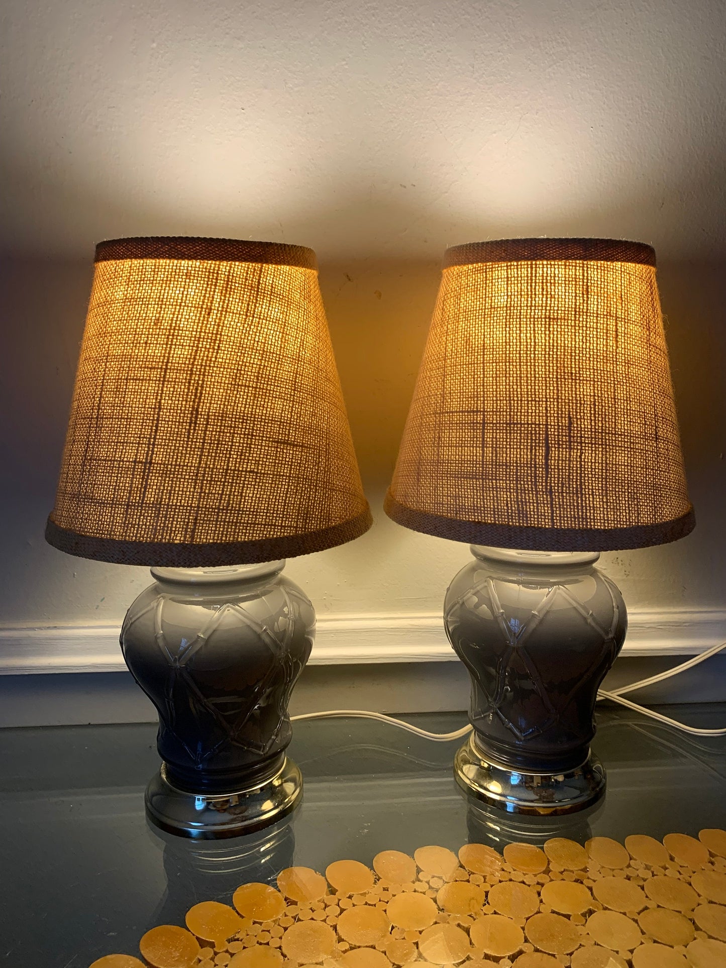 Pair of Small Retro Gray Glass Table Lamps with Bamboo Design No Shades