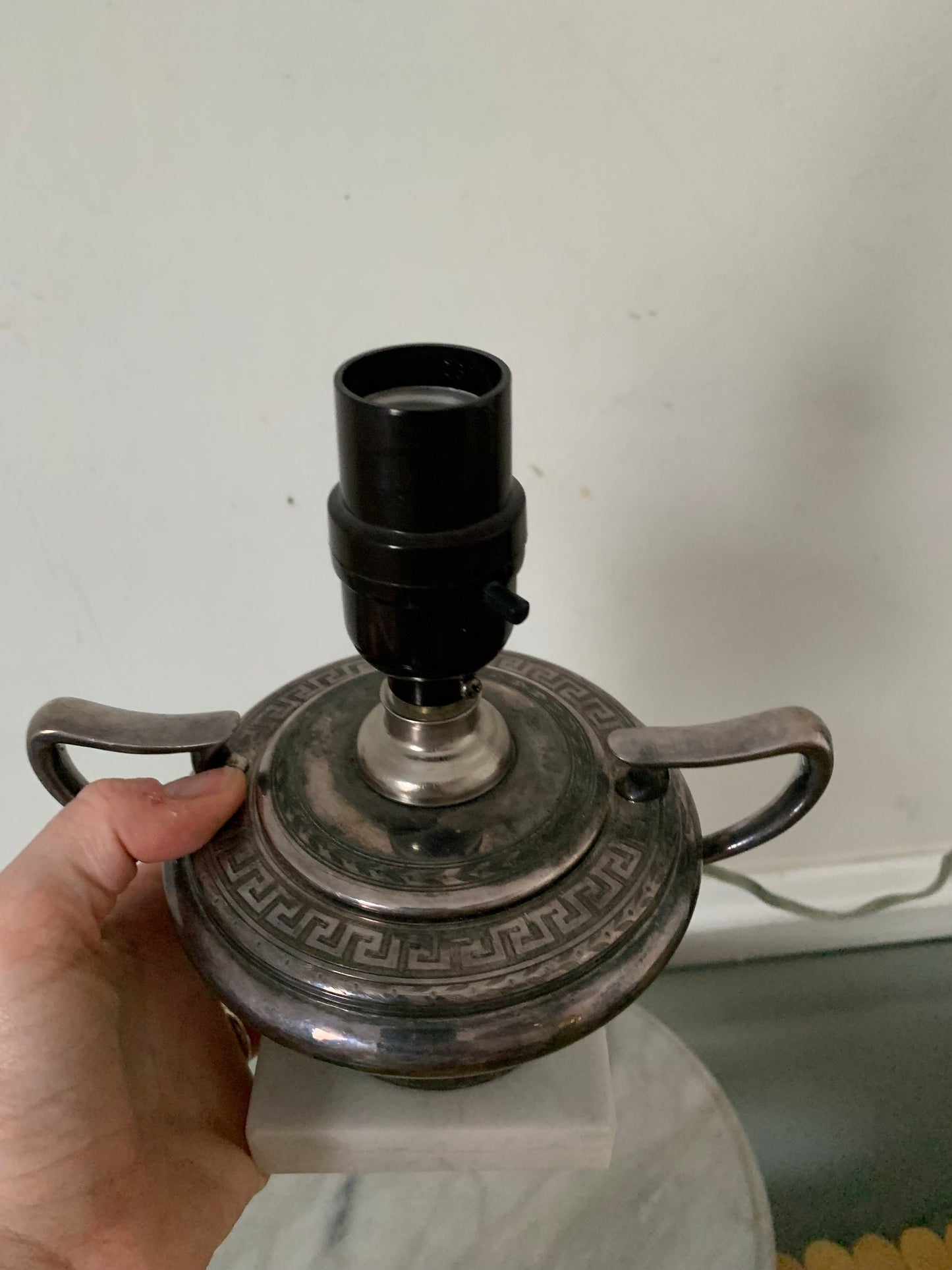 Small Vintage Silver Table Lamp with Stone Base No Shade