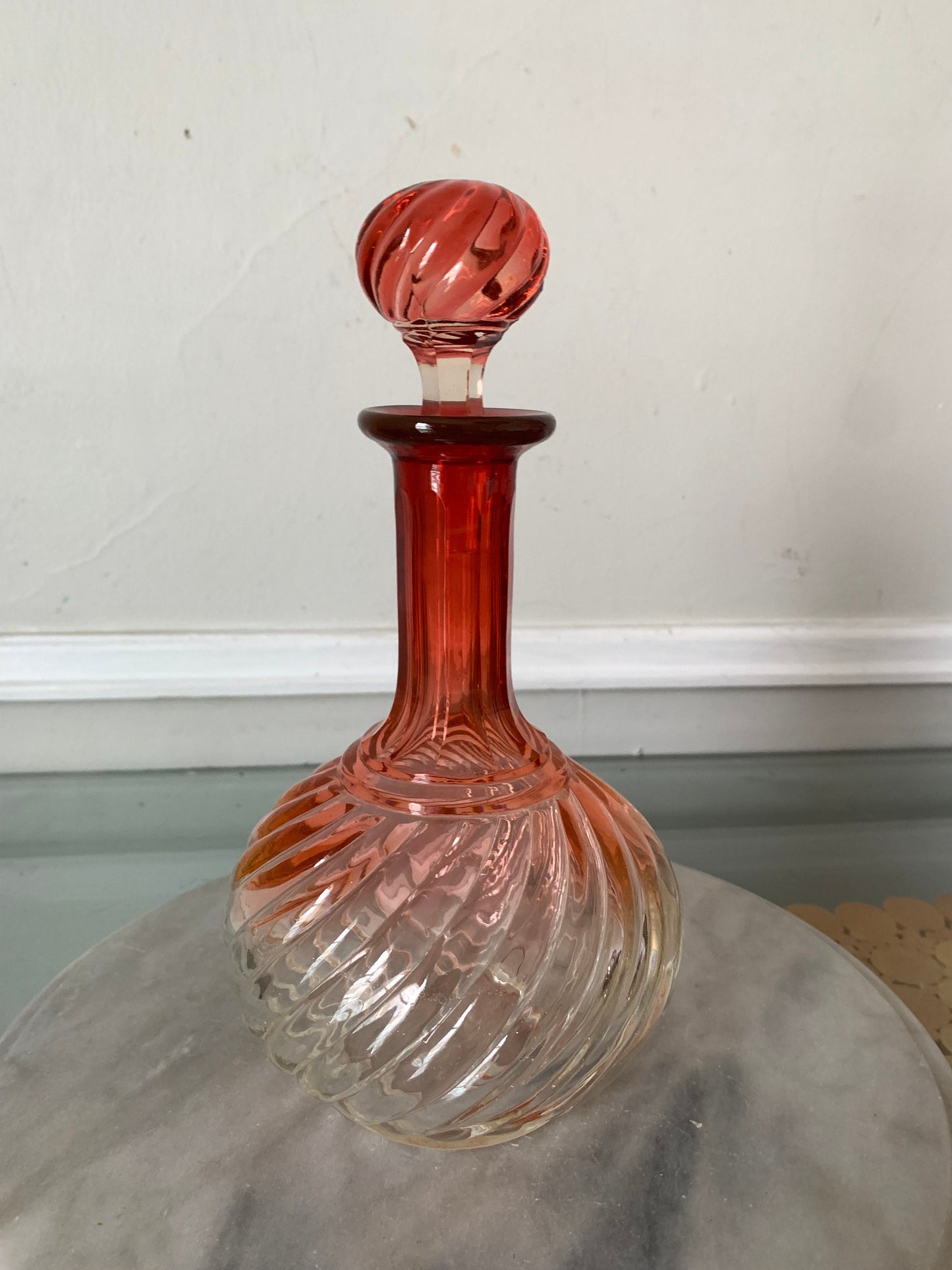 Antique French Ombre Rose Swirl Crystal Decanter with Stopper