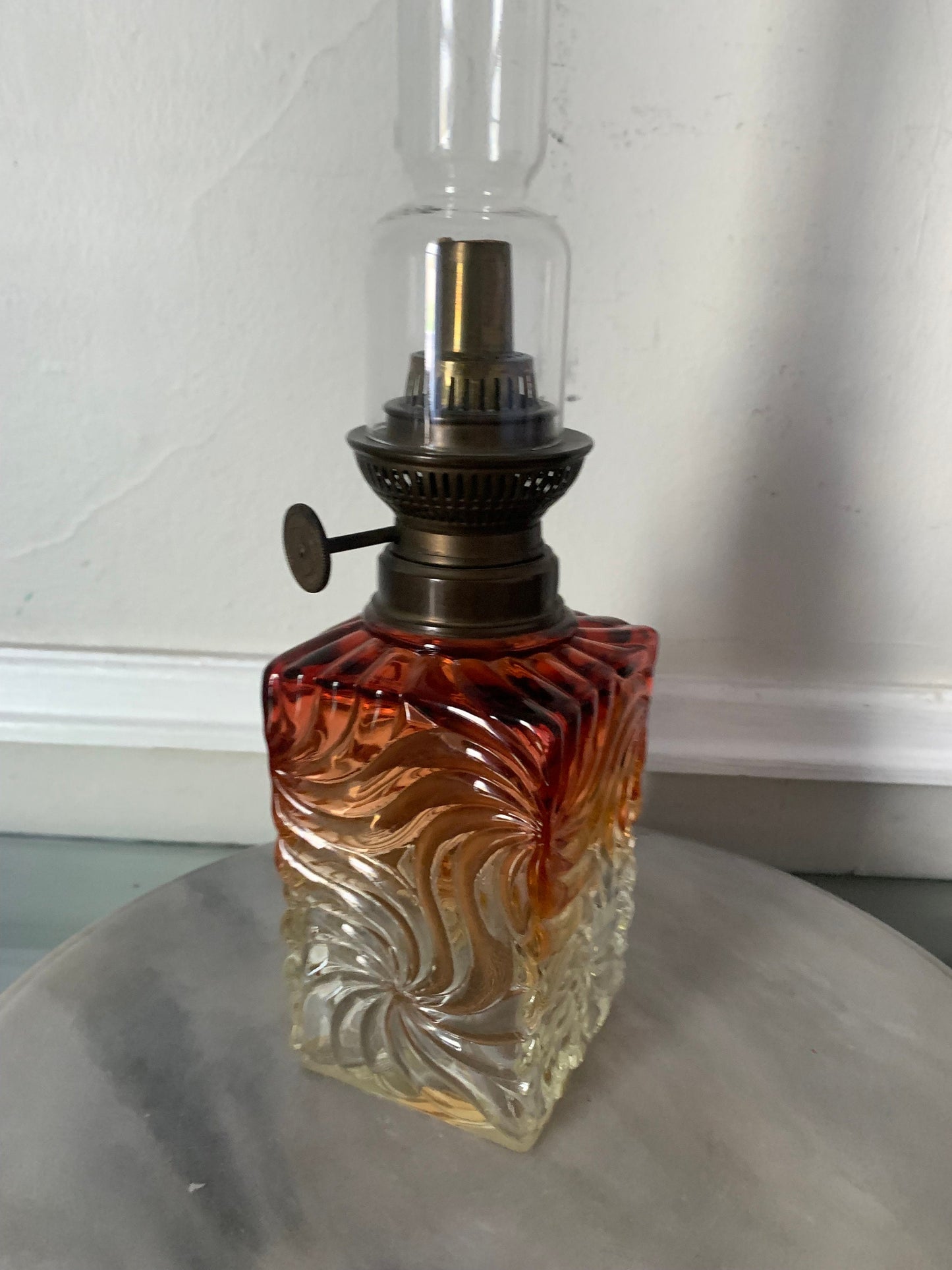 Antique French Ombre Rose Crystal Oil Kerosene Table Lamp in the Style of Baccarat with Tall Glass Lantern