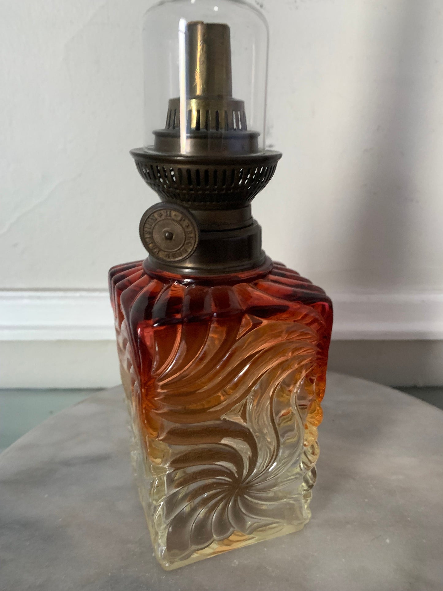 Antique French Ombre Rose Crystal Oil Kerosene Table Lamp in the Style of Baccarat with Tall Glass Lantern