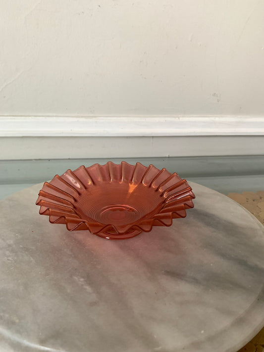 Vintage Threaded Cranberry Glass Dish