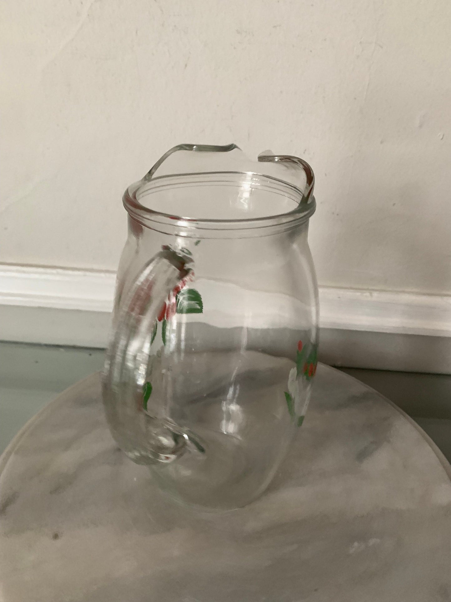 Vintage Small Red Cherry Glass Pitcher with Handle