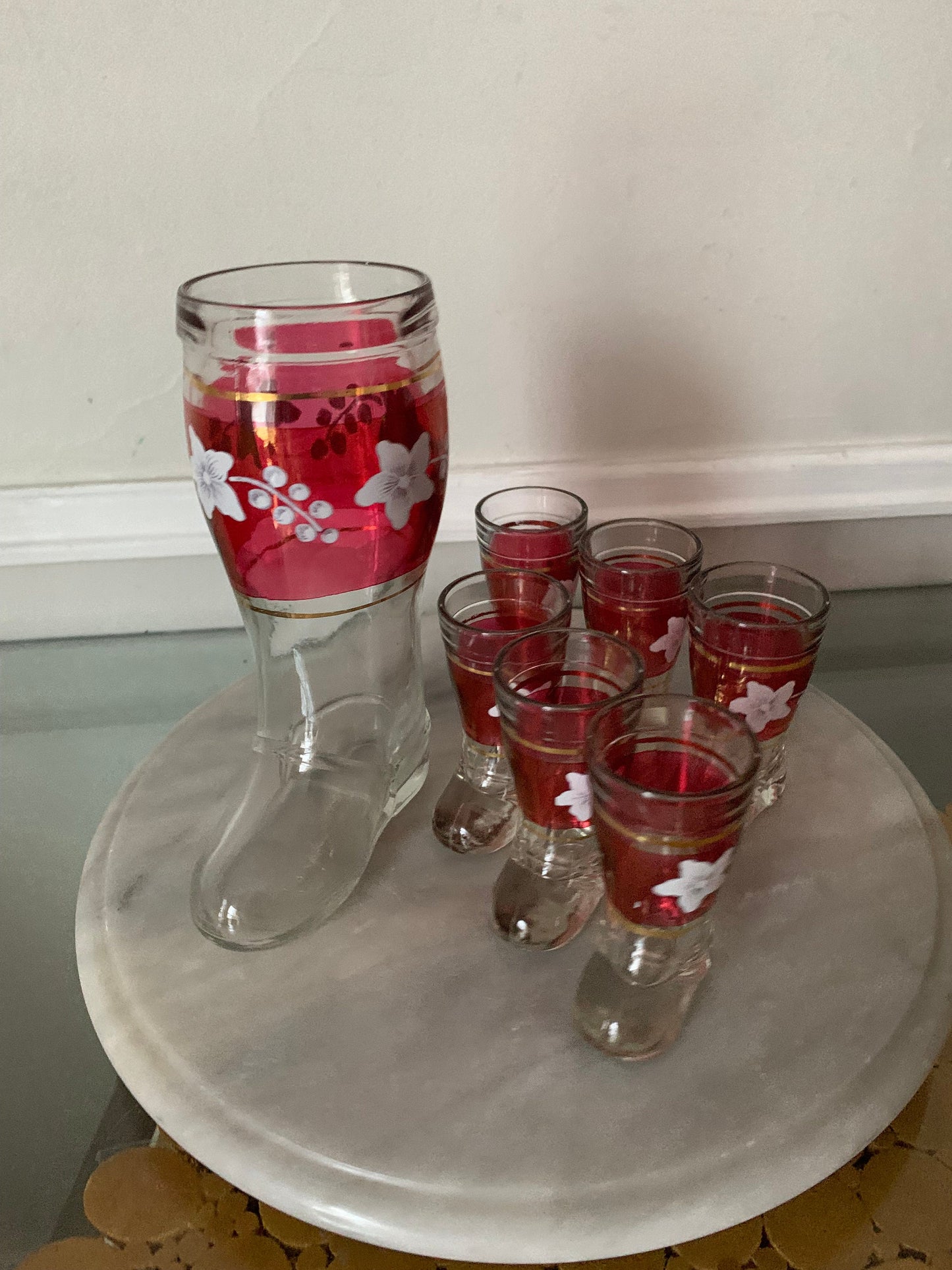 Vintage Glass Boot MOD DEP 7 Piece Ruby Flash Decanter and  Shot Glasses Set with White Flowers Made in Italy
