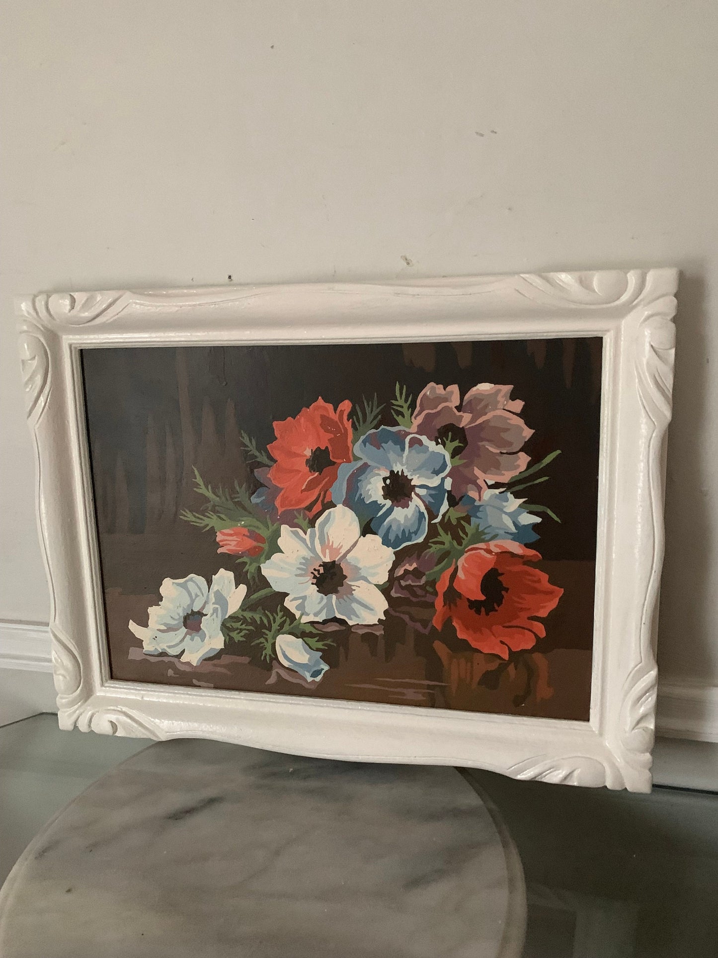 Vintage Medium Floral Paint by Numbers in White Wood Frame