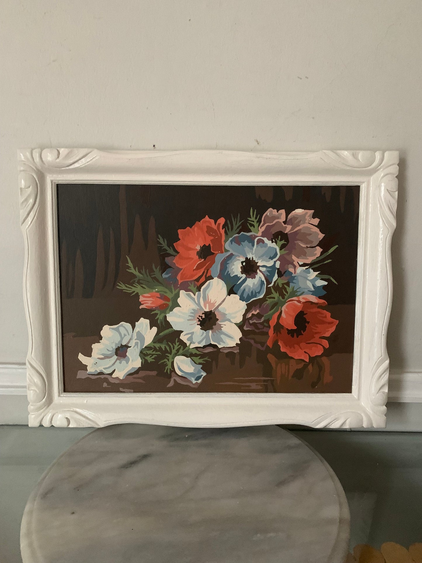 Vintage Medium Floral Paint by Numbers in White Wood Frame