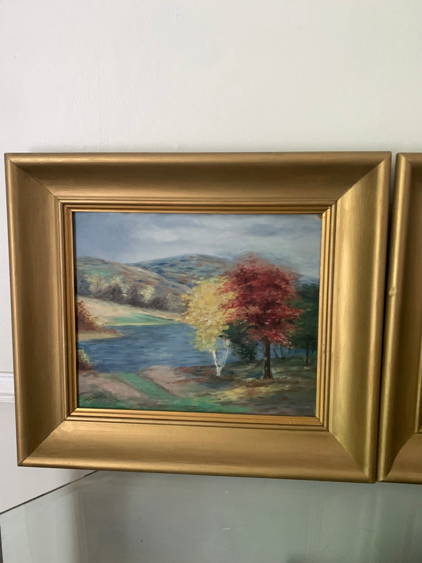 Pair of Medium Vintage Acrylic Landscape Paintings in Wood Frame