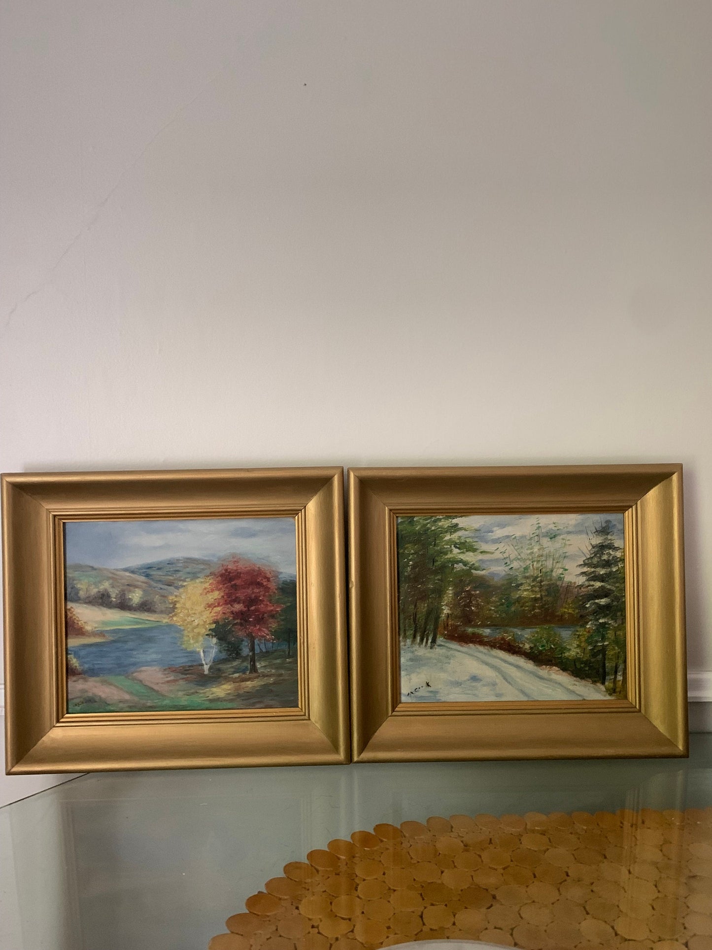 Pair of Medium Vintage Acrylic Landscape Paintings in Wood Frame