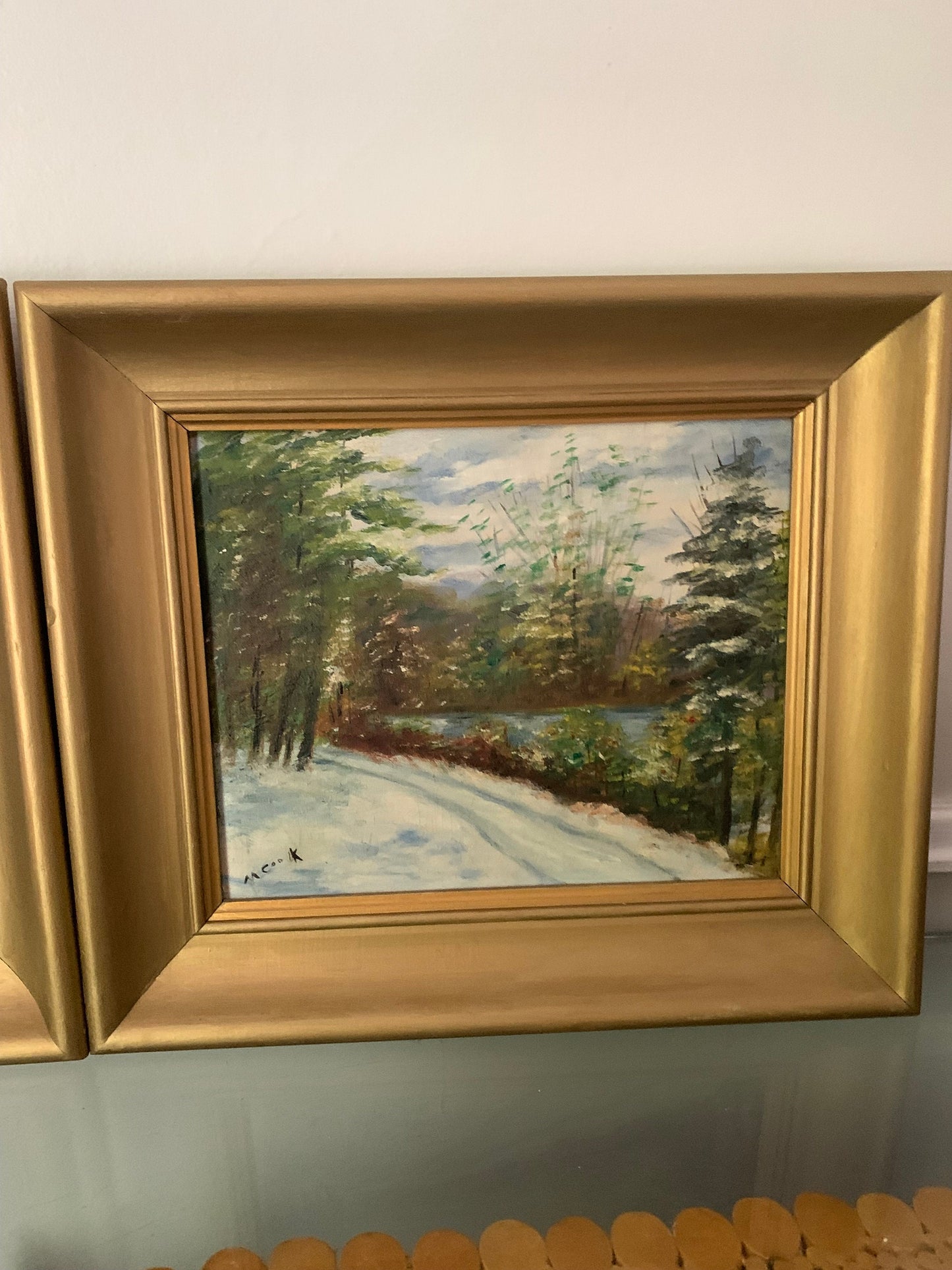 Pair of Medium Vintage Acrylic Landscape Paintings in Wood Frame