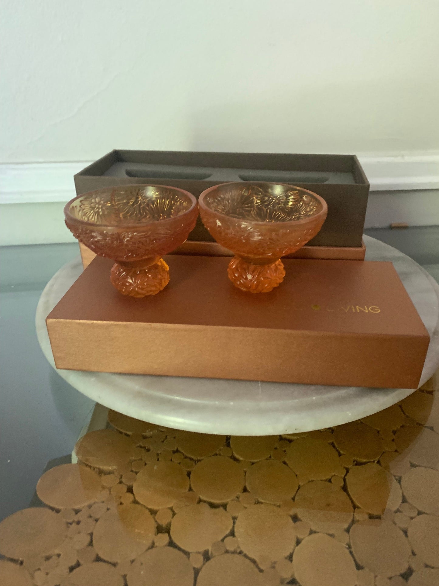 Pair of LIULI Amber Crystal Virtuous Chrysanthemum Glasses in Original Box