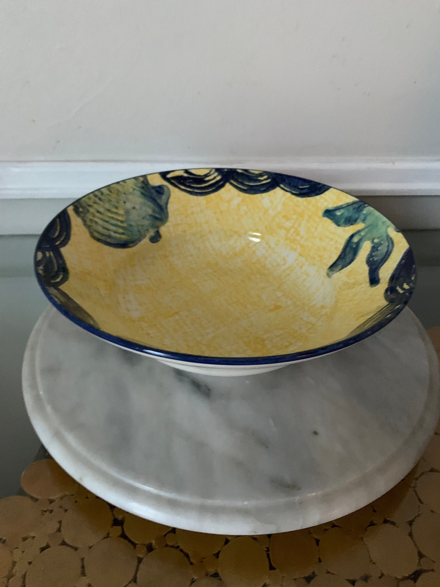 Handmade Yellow and Blue Shell Motif Ceramic Bowl Made in Italy