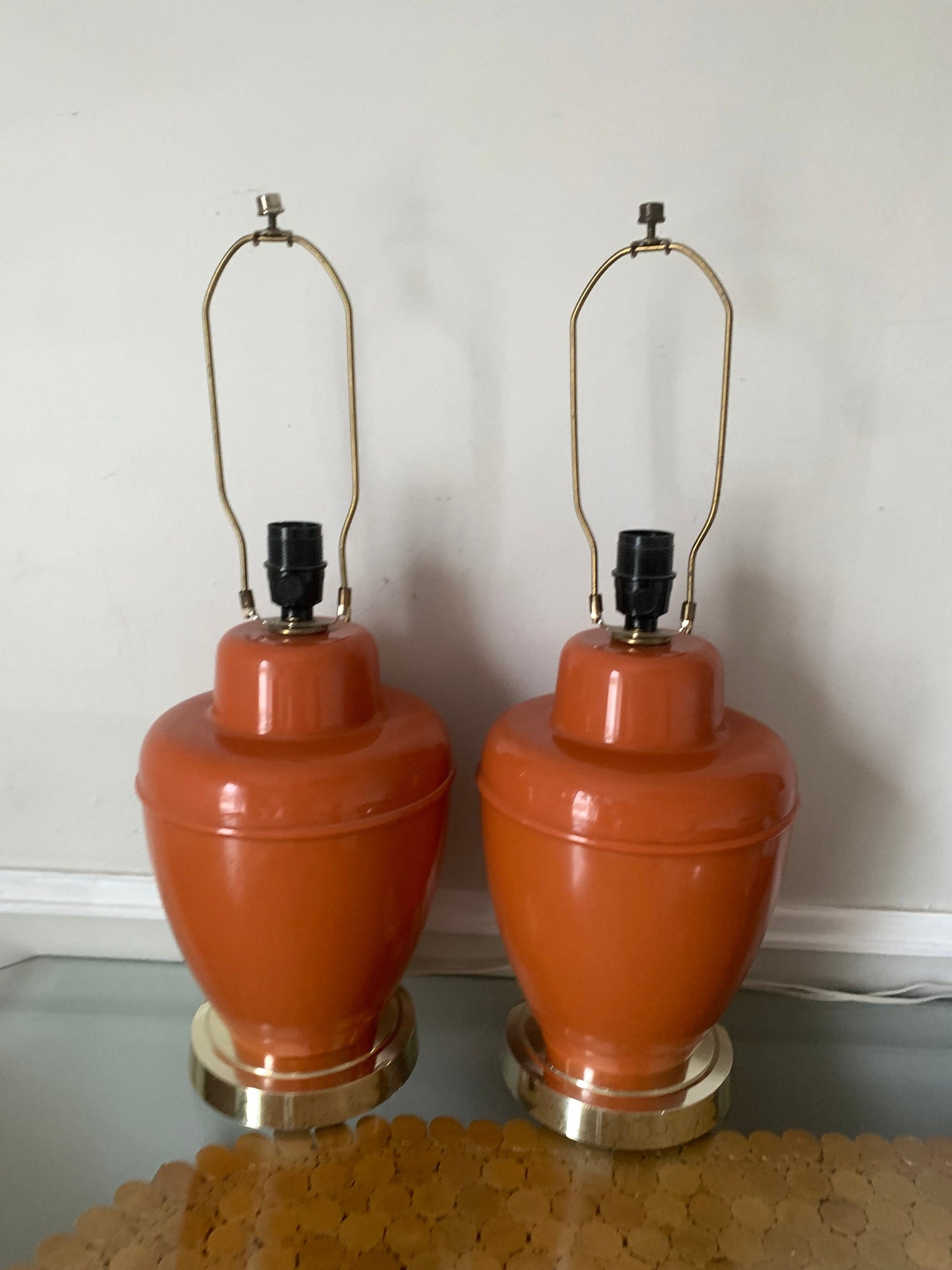 Pair Of MCM GILBERT SOFTLITE Burnt Orange Acrylic Lamps No Shades