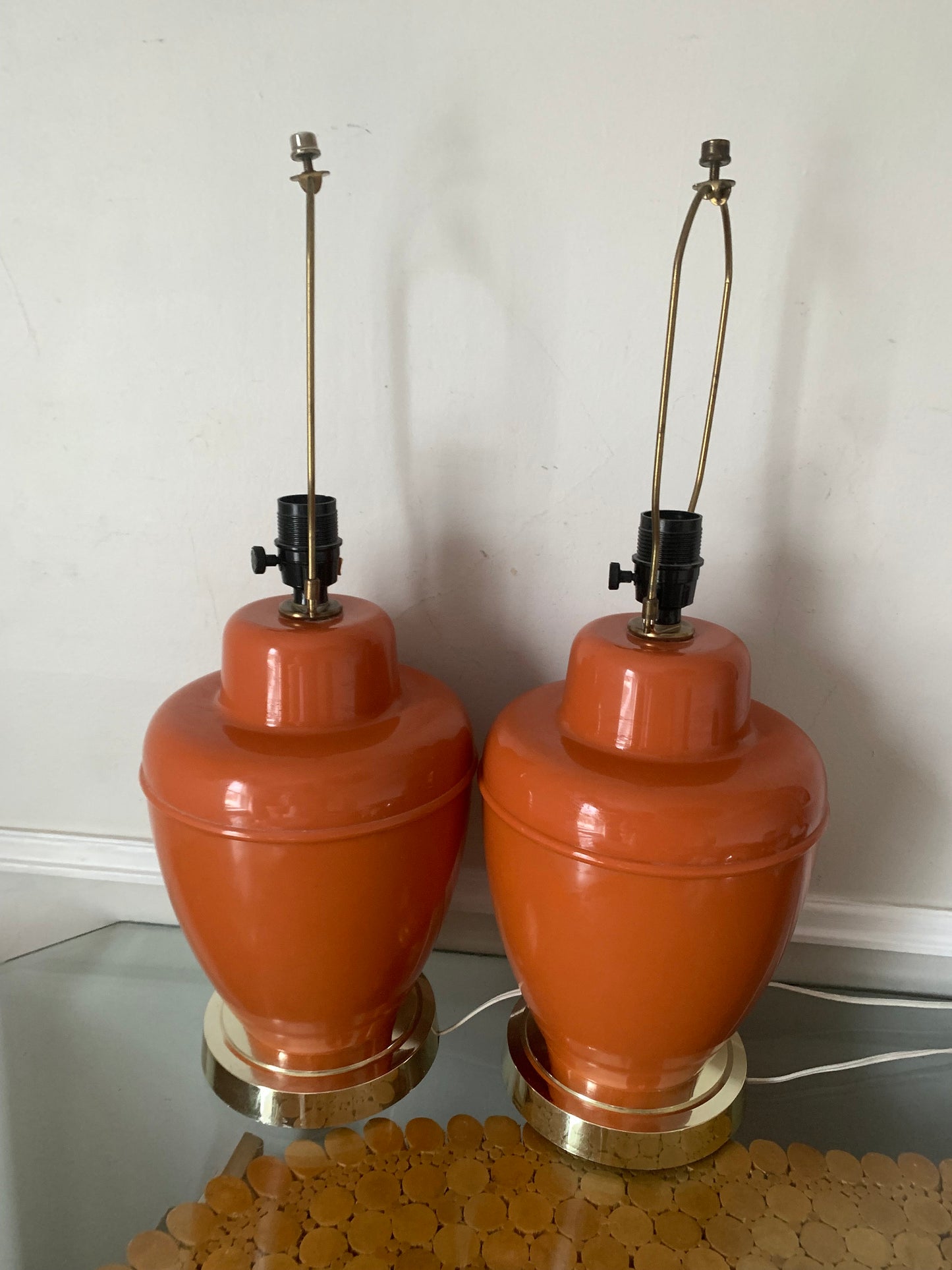 Pair Of MCM GILBERT SOFTLITE Burnt Orange Acrylic Lamps No Shades