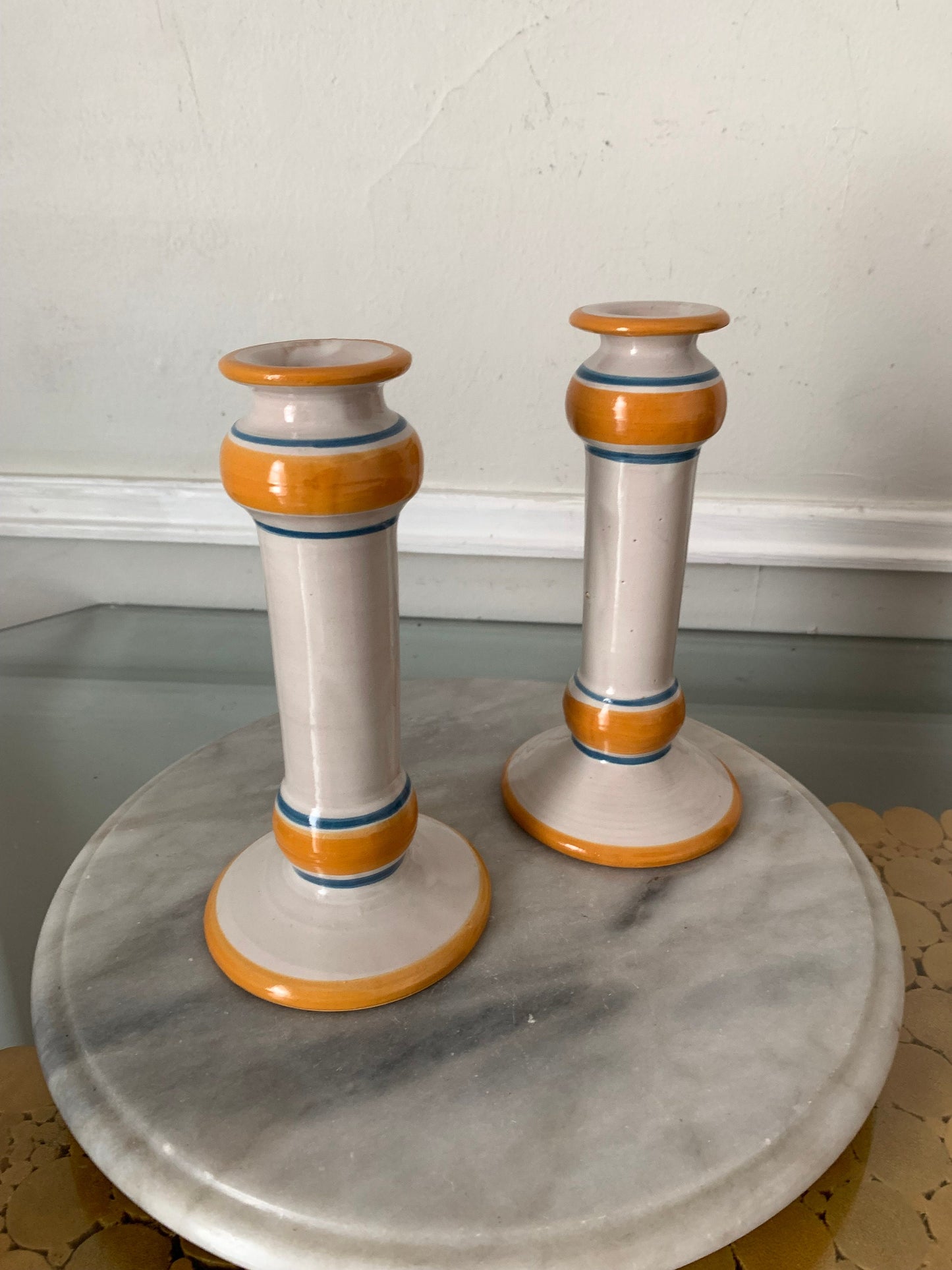 Pair of Hand Painted Ceramic Candlestick Holders with Yellow and Blue Stripes