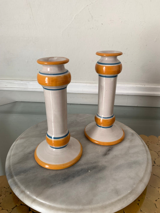 Pair of Hand Painted Ceramic Candlestick Holders with Yellow and Blue Stripes